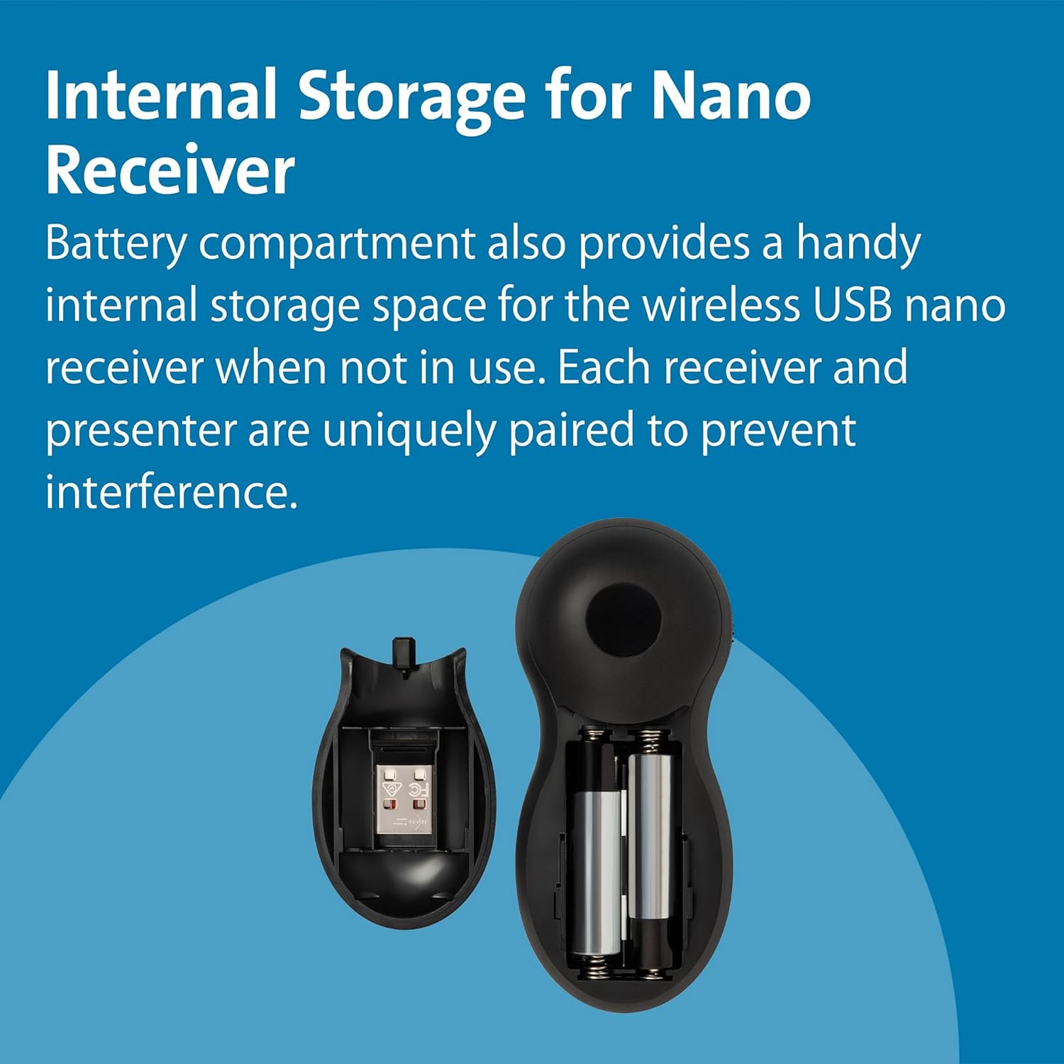 Internal storage for nano receiver and battery compartment