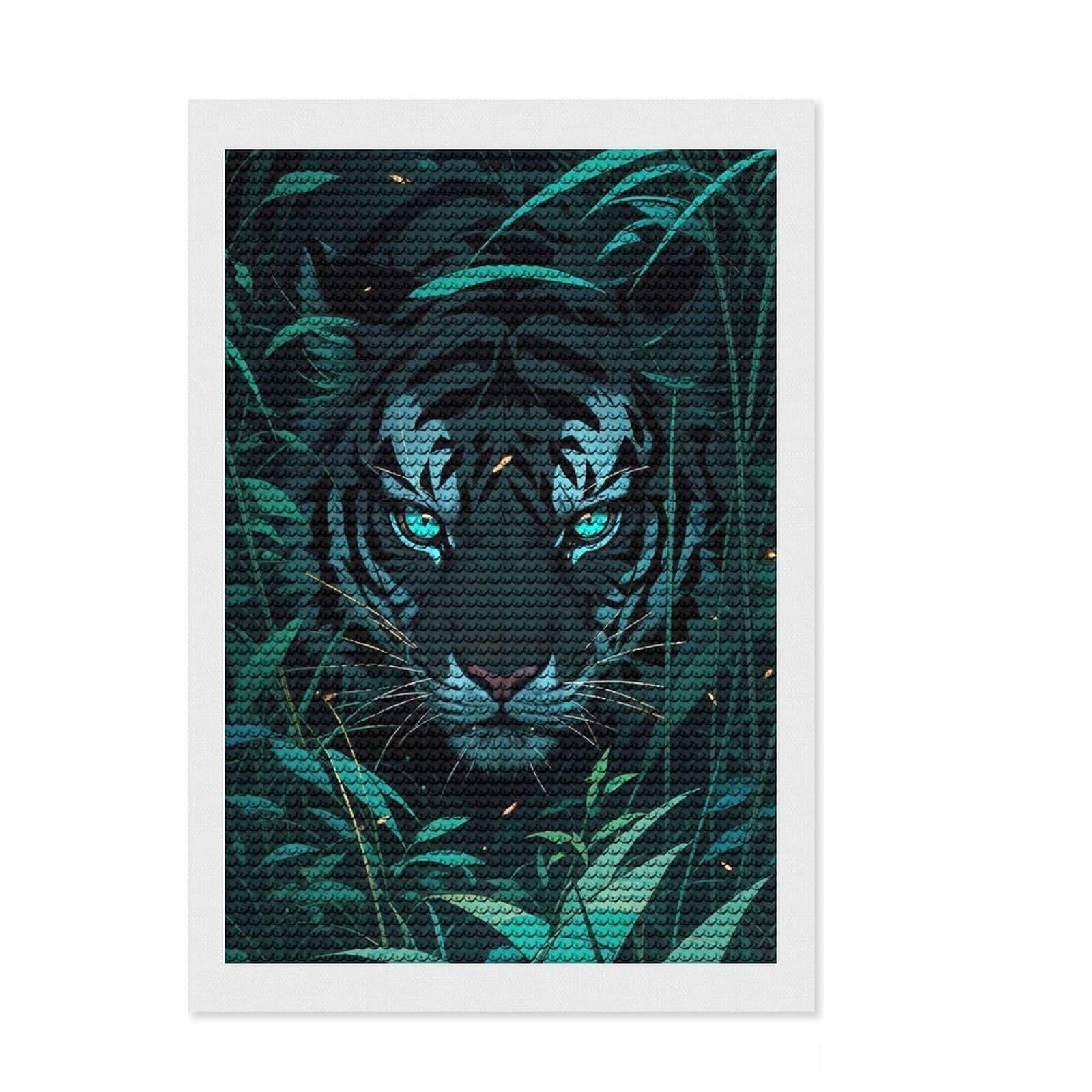 Junmoney Tiger in Night 5D Diamond Painting Kit 8"x12", Round Gems, Living Room Decor, Decorative Artwork, Vintage Style Decor