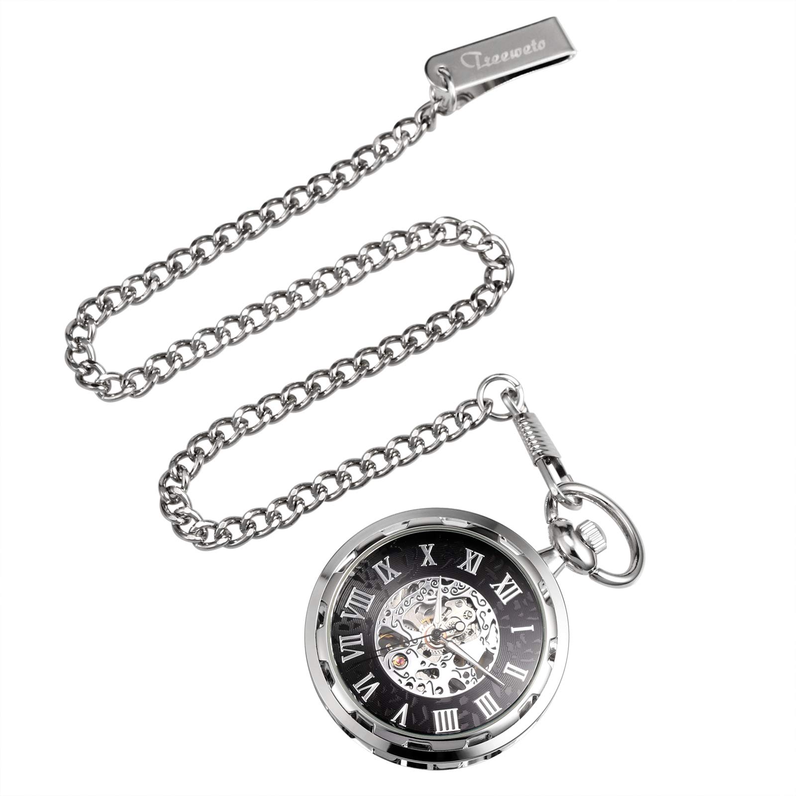 TREEWETO Taschenuhr mit Kette Herren Analog Mechanische Handaufzug Offenes Gesicht Skelett Bewegung