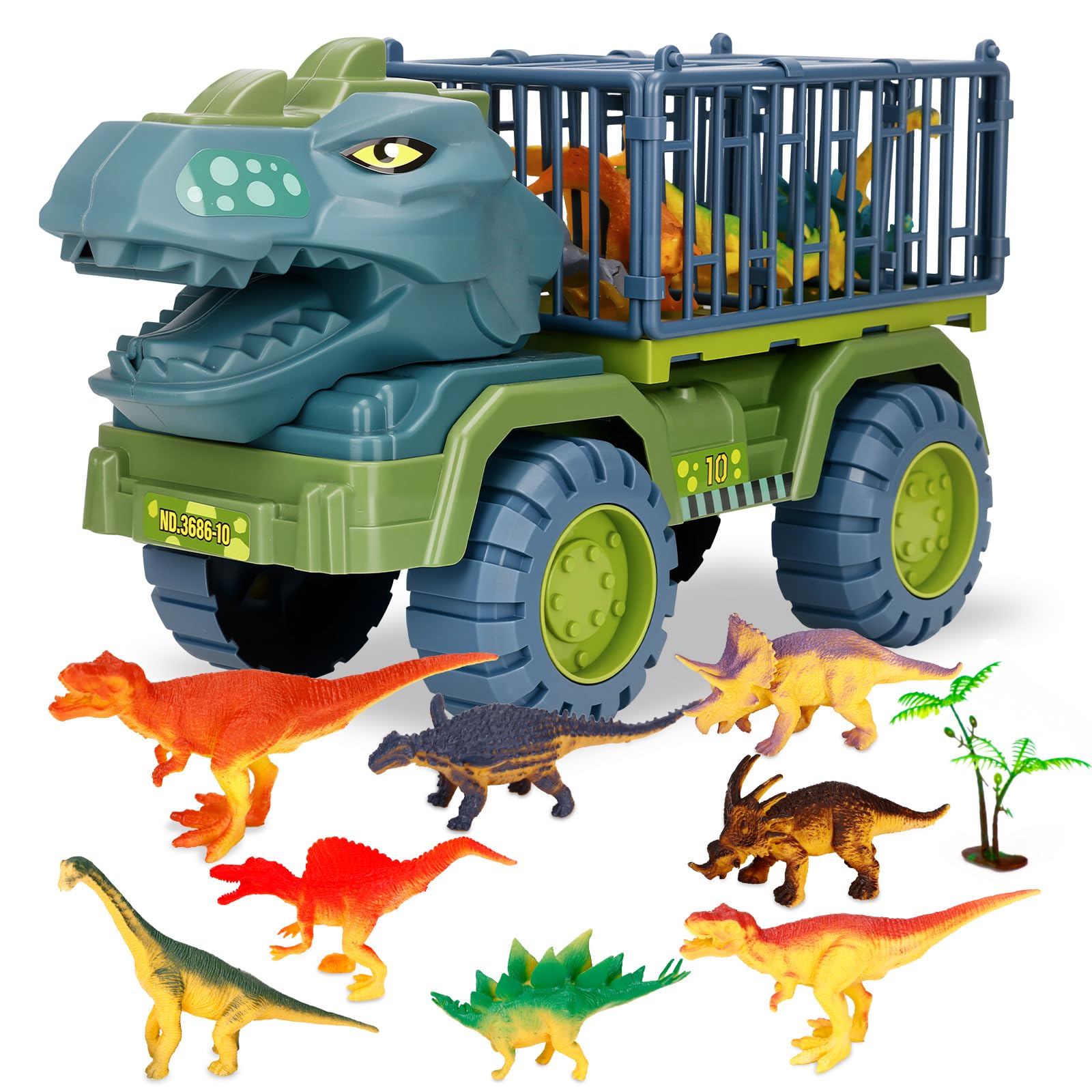 Camión Transportador de Dinosaurios,Juguete de Camión de Dinosaurio,Transportador de Autos Dinosaurios para Niños,Transportador de Coches con 15 Animales de Juguetes Dinosaurios Juegos Set Caja