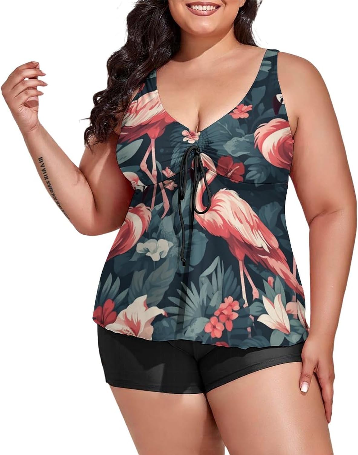 Plus Size Tankini Swimsuit for Women's Flamingo Hawaii Summer Tummy Control Swimdress Women's 2 Pieces Swimsuits with Shorts