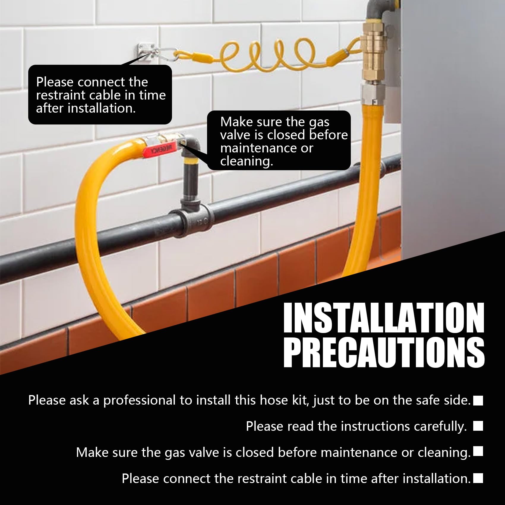 1675kit48 - Manguera de línea de gas para cocina comercial, línea flexible de gas de 3/4 pulgadas, kit de conector de manguera de gas móvil de 48 pulgadas con 2 codos, amarillo