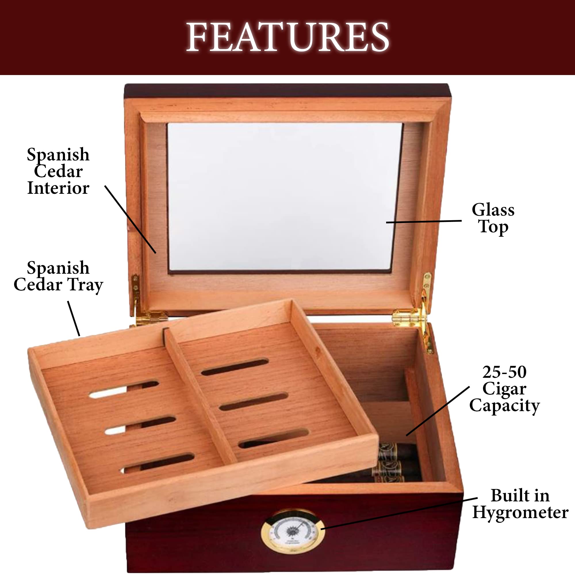 Mantello Glass Top Cigar Humidor Desktop Humidor with Cigar Box