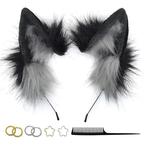 GaliaFaya Cat Ears Headband Wolf Ears Hairband Fox Dog Ears Handmade Faux fur Cosplay Halloween Costume Party - Black+grey