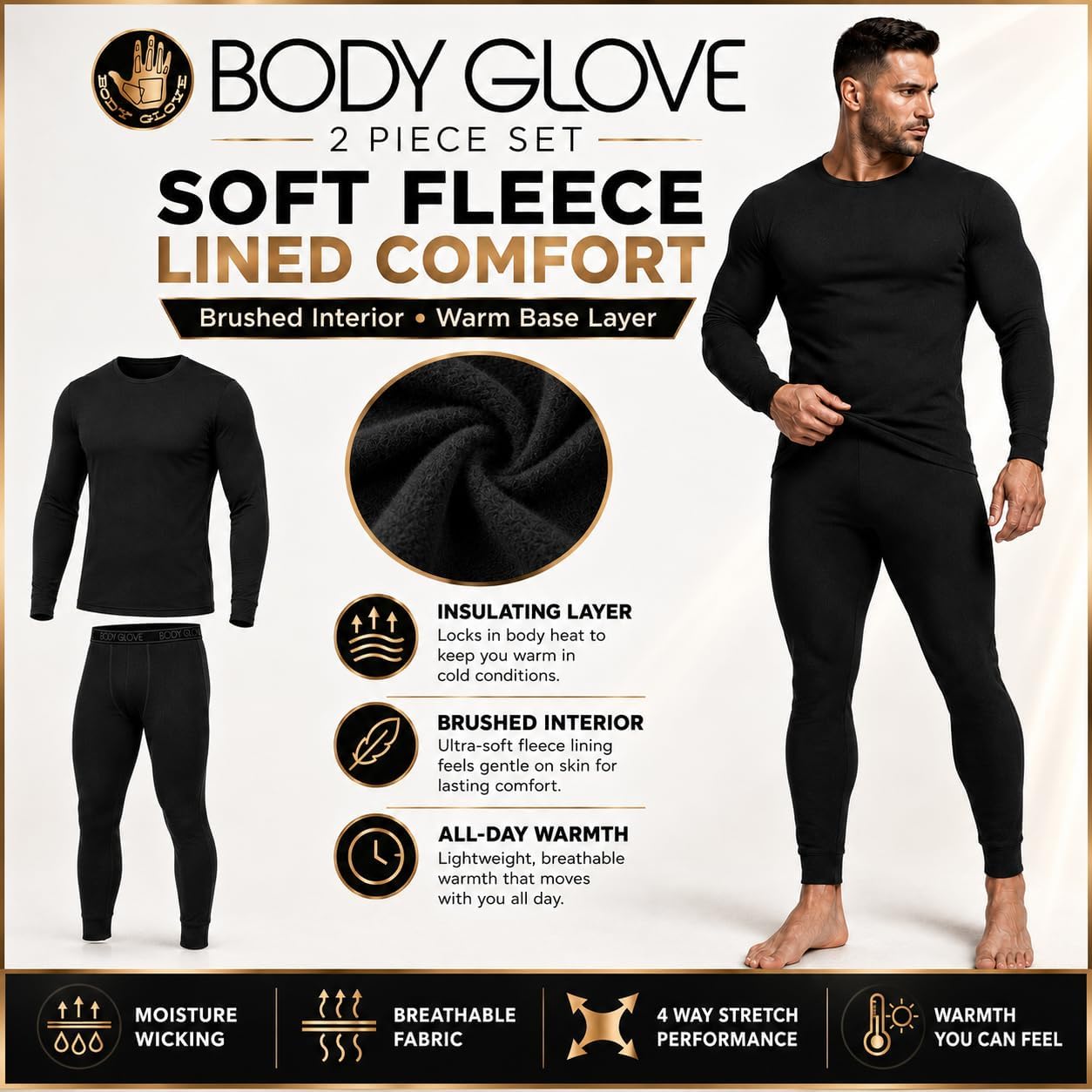 Body Glove 2 Piece Mens Fleece Lined Base layer Underwear Set, Warm Insulated Top and Bottom Long Johns for Winter Baselayer