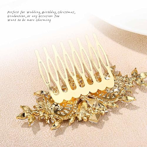 Miniatura 3 de Foyte Peine de pelo de novia de cristal, diseño de flores plateadas, tocados de hojas de pelo de hoja con diamantes de imitación, peines laterales