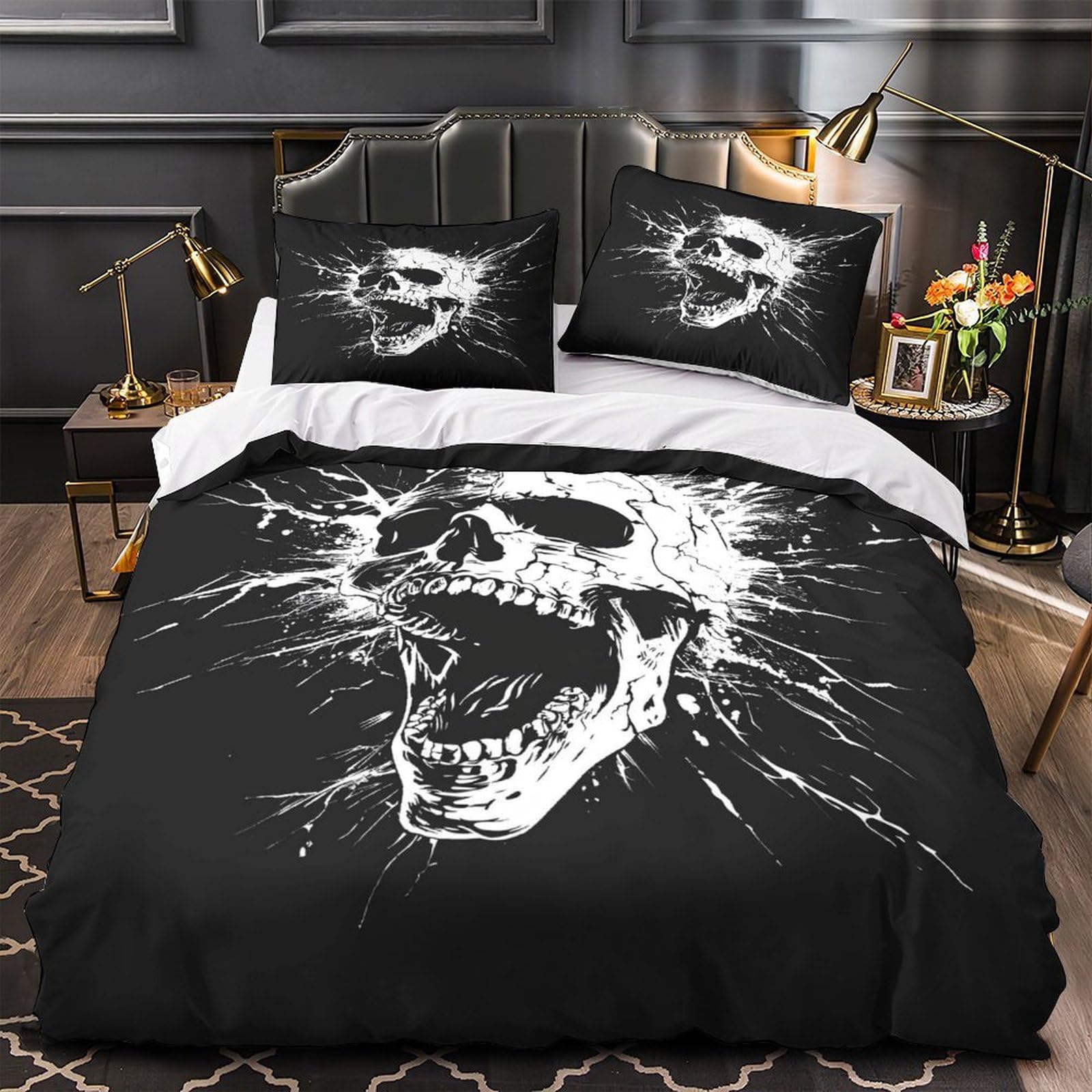 Housse de couette fleurs de crâne microfibre douce anti-acarien grand lit 260x220
