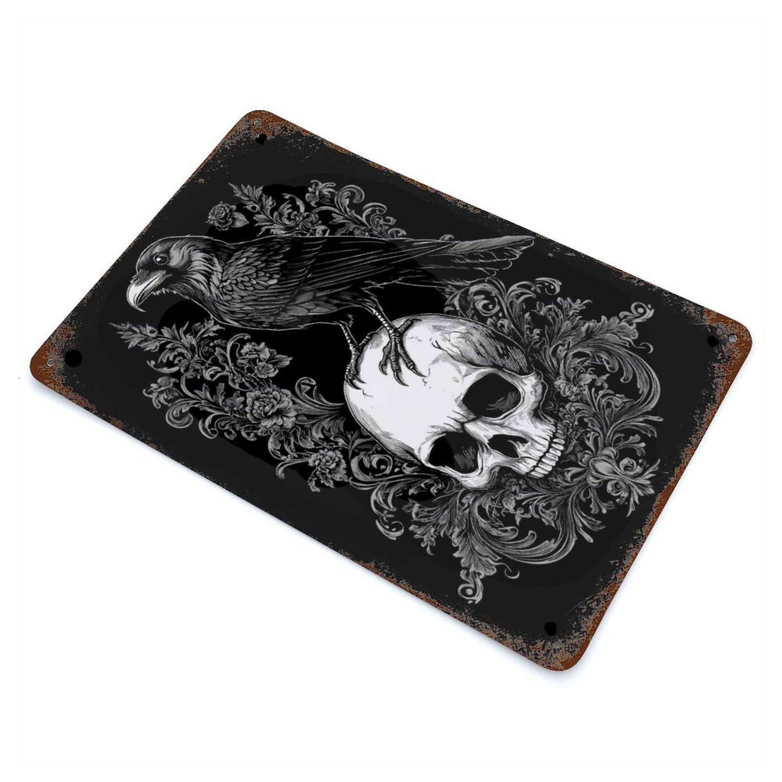 Gothic Raven on Skull Decorative Tin Sign 11.8"x7.9", Ideal for Basement, Hobby Room And Garage Decor
