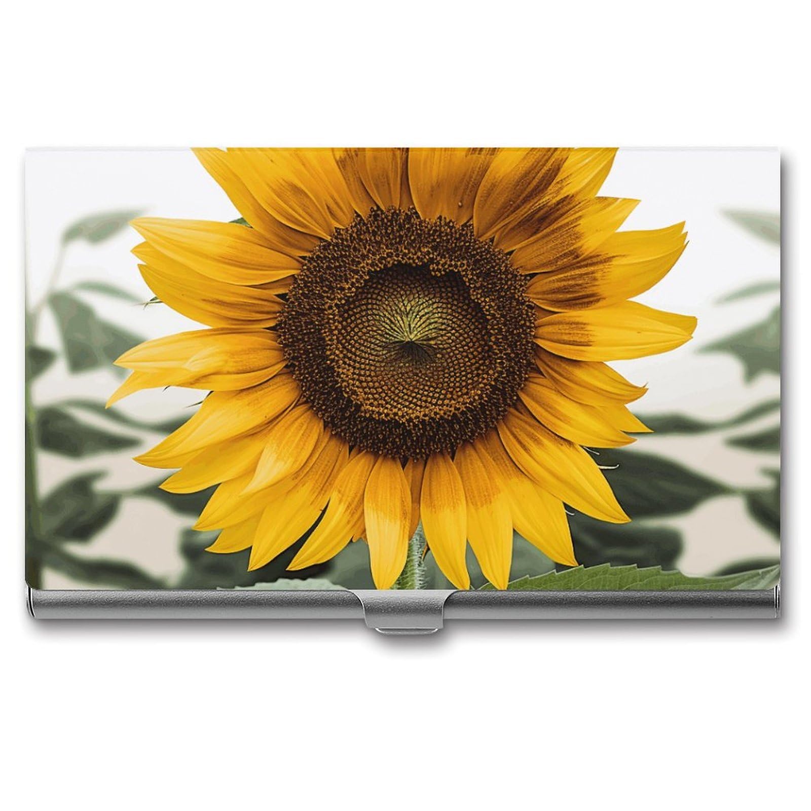 BTCOWZRV Bloom Sunflower Business Card Holder Metal Slim Business Card Case, Pocket Card Holder for Men Women Purse Name Card Holder Stainless Steel Wallet Credit ID Case for Office