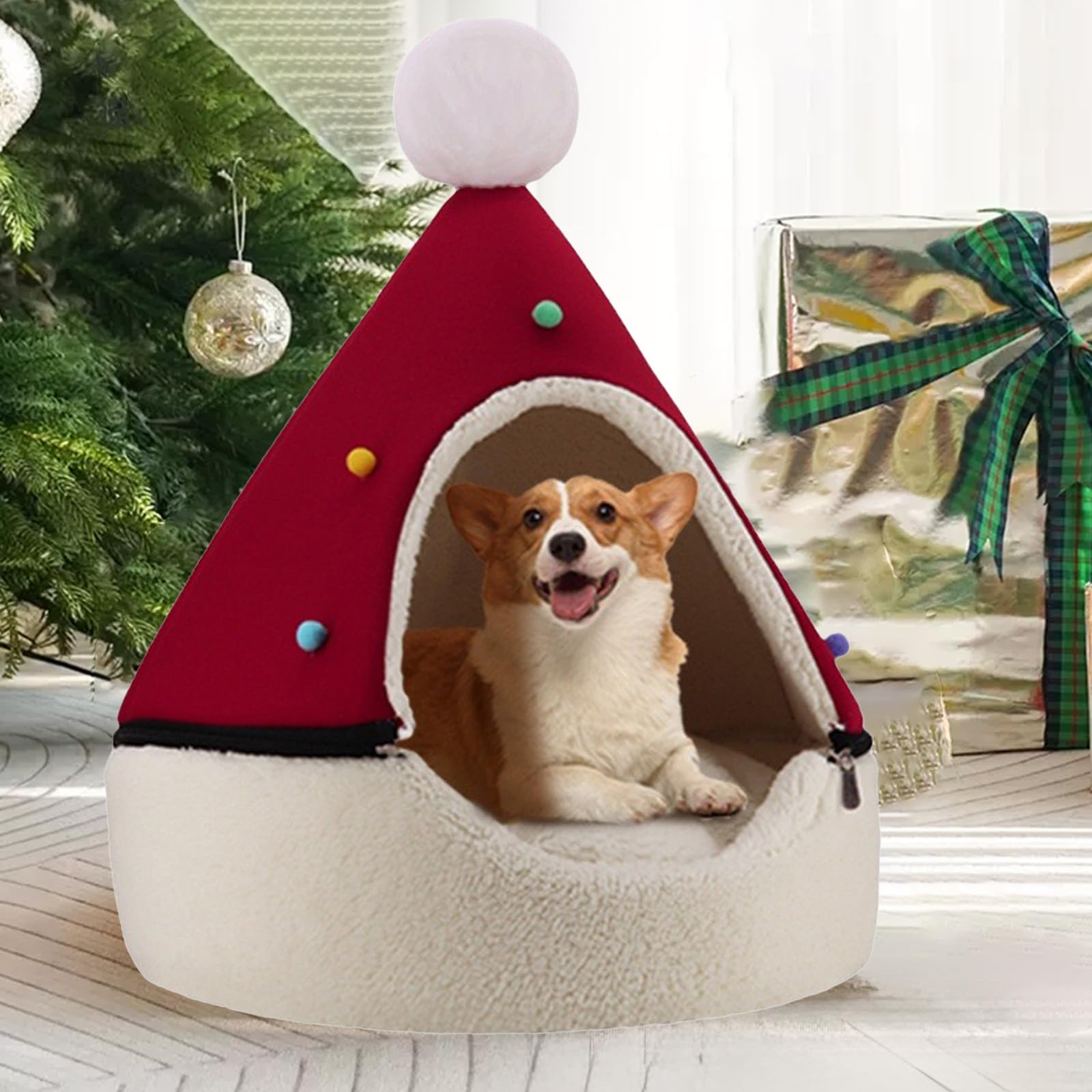 Christmas Decoration Novelty Festive Decor Red Christmas Hat Pet Bed Pet Villa Puss Bed Dog Bed Removable And Washable Dog Bed Winter Warm Puss Bed for New Year Festive Party Christmas