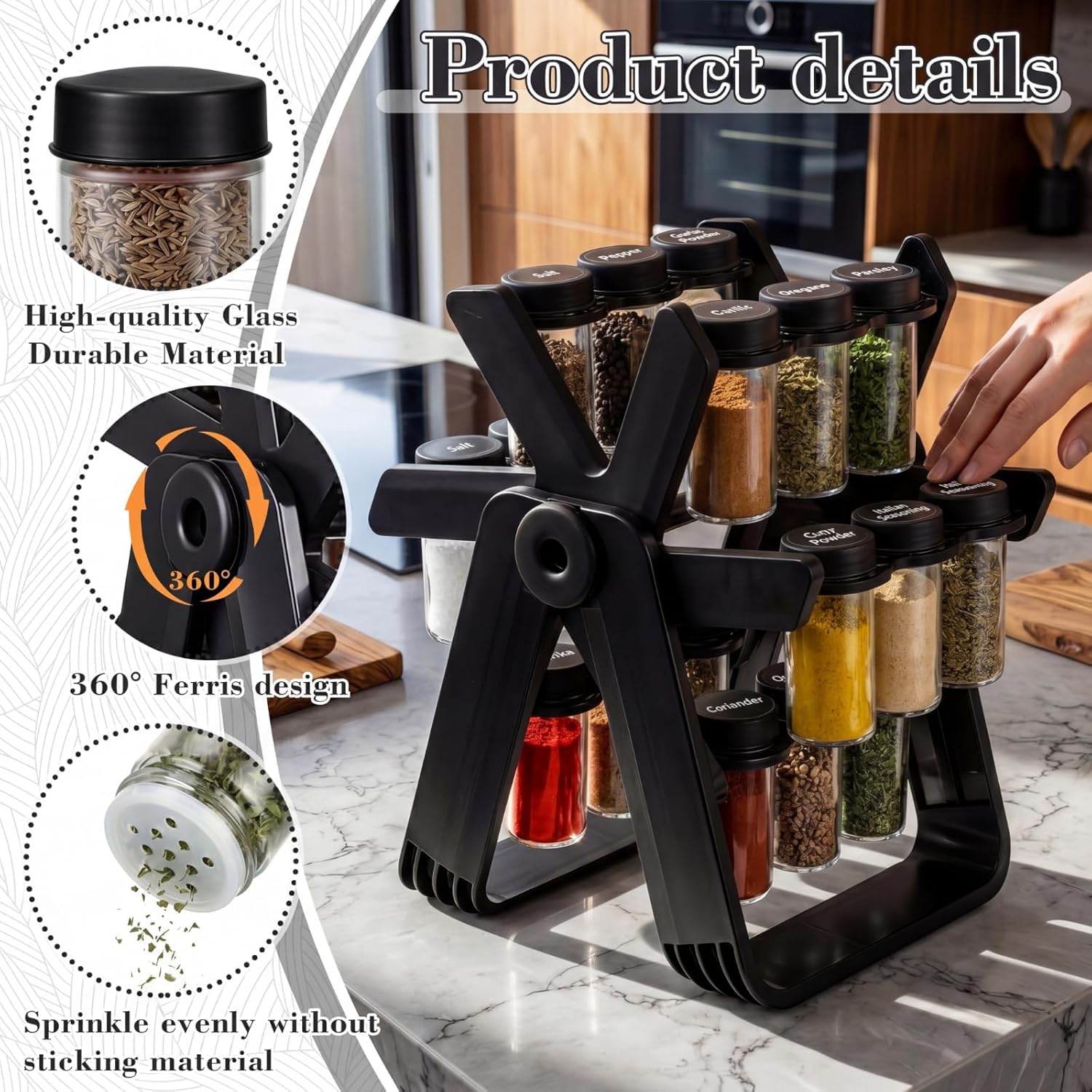 Carrusel de especias giratorio 360° con 21 tarros de especias negros, estante para especias con tarros y organizador de especias para tu cocina, set B (botella de plástico)