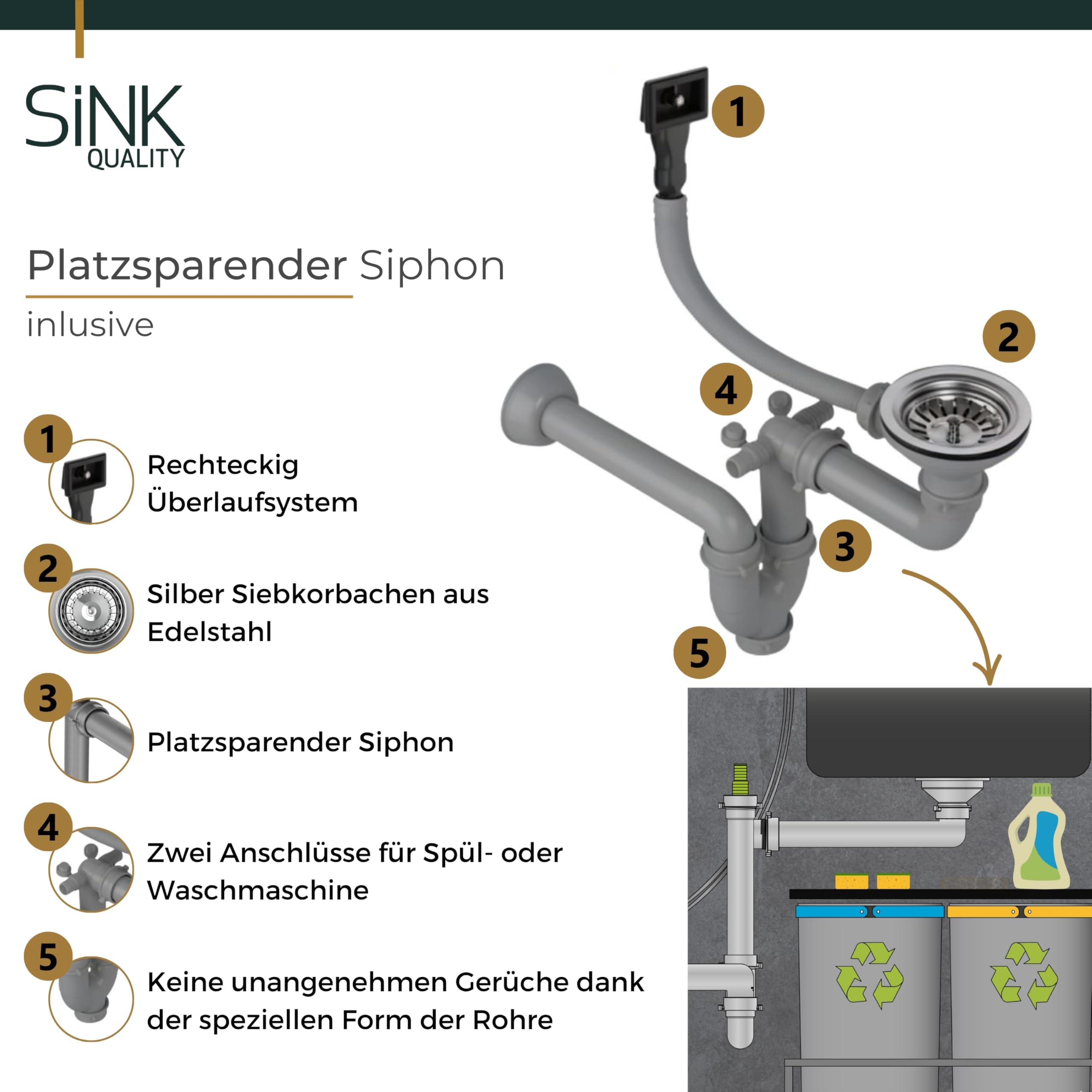 Sink Quality zlewozmywak ze stali nierdzewnej 58 x 45 cm – odporna na zarysowania powłoka PVD i oszczędzający miejsce syfon, zlewozmywak ze stali nierdzewnej 304 do szafki pod umywalkę 60 cm, łatwy w