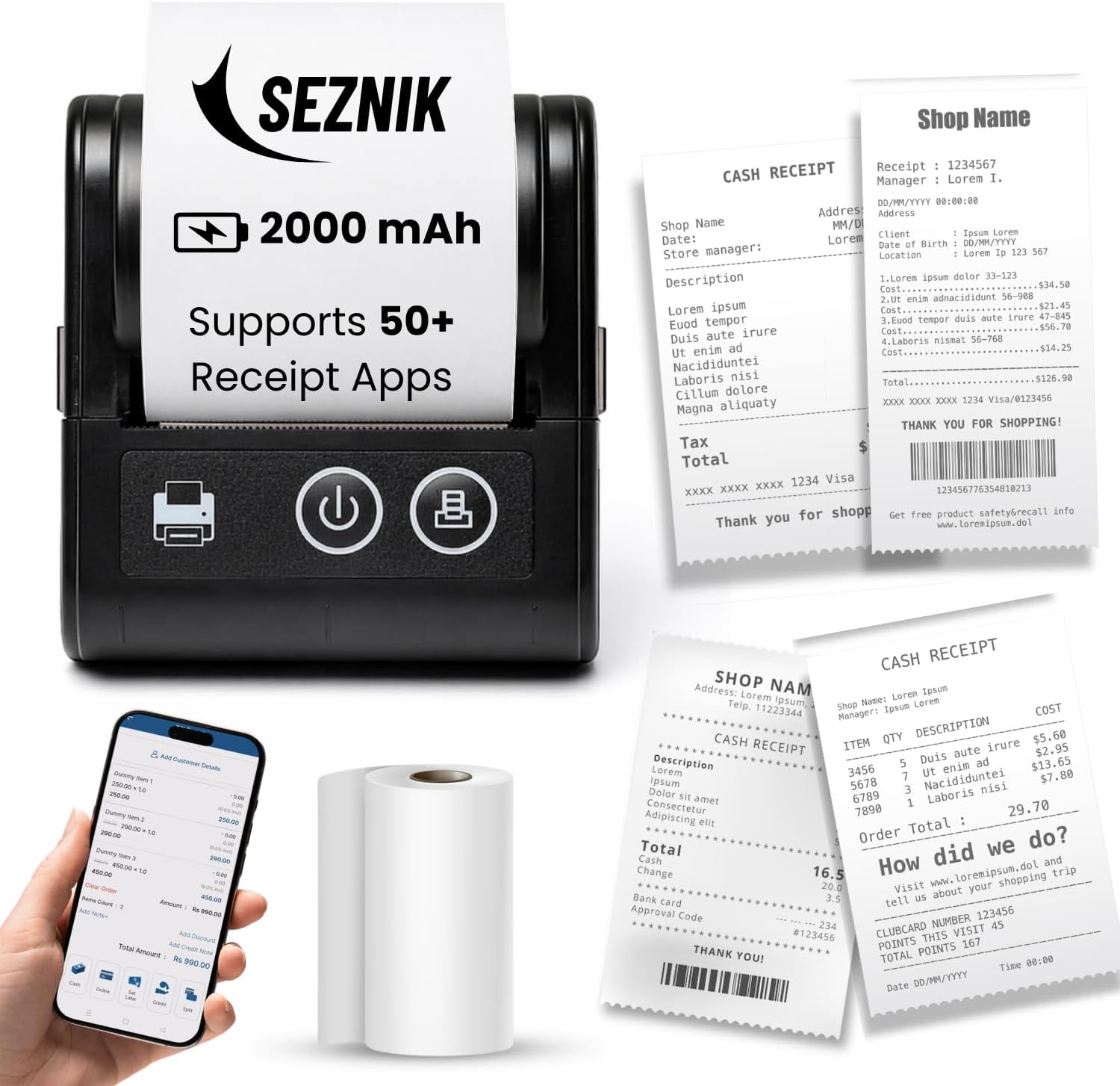 SEZNIK Veer 58mm (2 Inch) Portable Receipt Printer | ESC/POS KOT Billing | Bluetooth+USB | 2000mAh Rechargeable | Android/iOS/Windows | Retail/Restaurant | 50+ Apps | Swiggy/Zomato | 1 Year Warranty