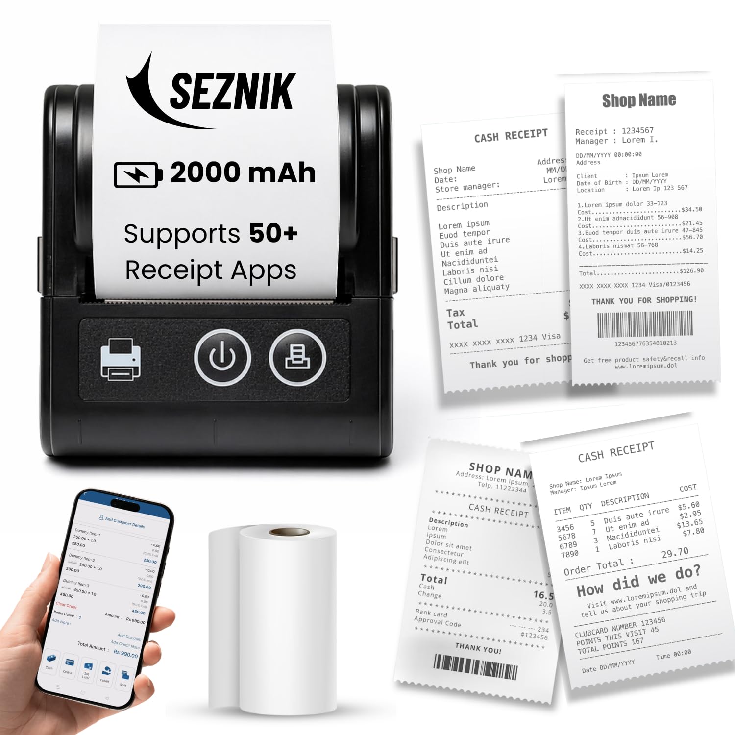 SEZNIK Veer Bluetooth+USB Thermal Receipt Printer 58 mm | Rechargeable Inkless | Mobile, Desktop Compatible | 1 Year Warranty (Veer - Receipt Printer)