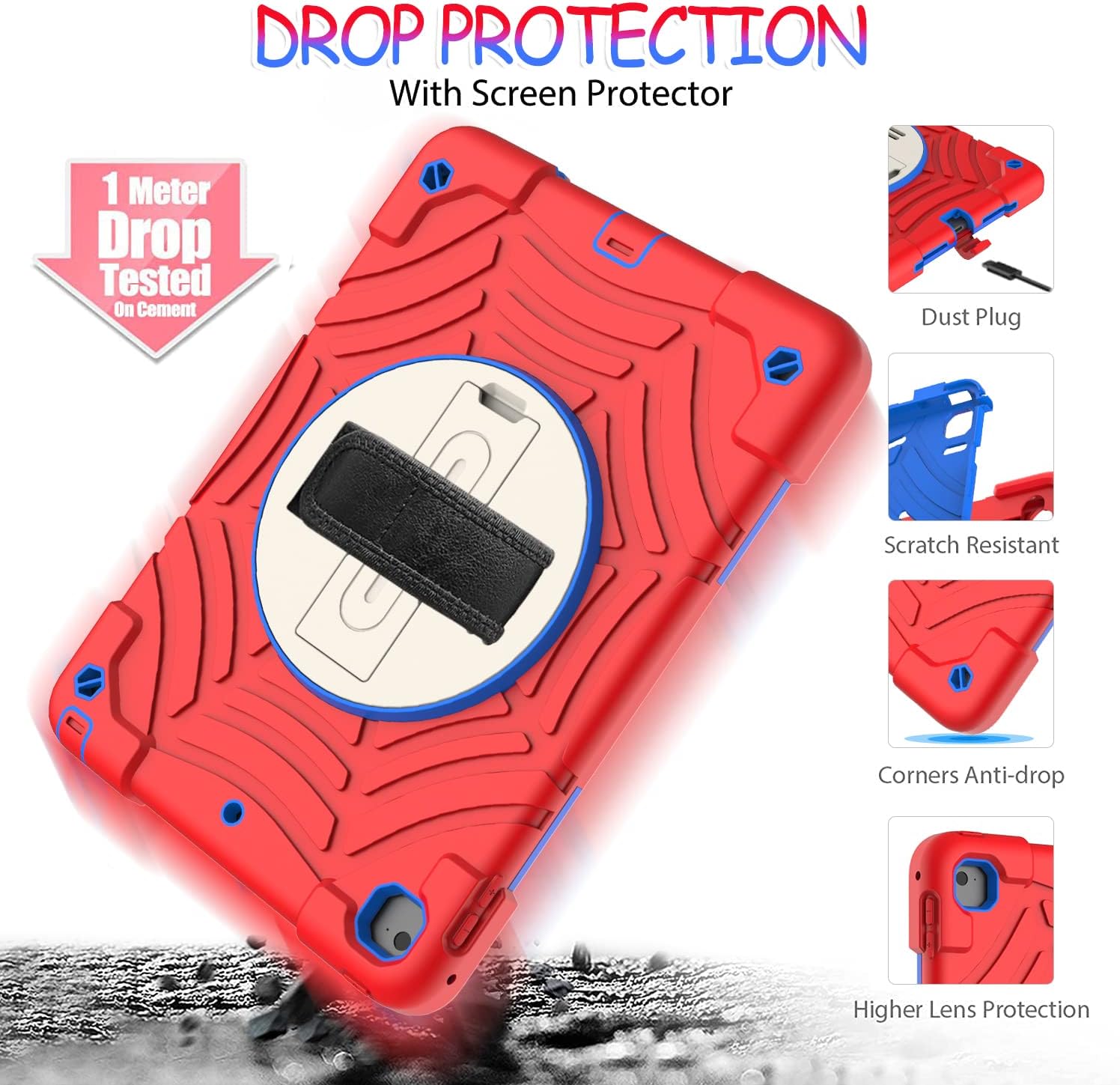 BMOUO Case for iPad 6th/5th Generation Case (9.7 inch, 2018/2017), with Screen Protector, 360 Rotating Stand & Hand & Shoulder Strap Kids Case for iPad 6th/5th Gen, Red