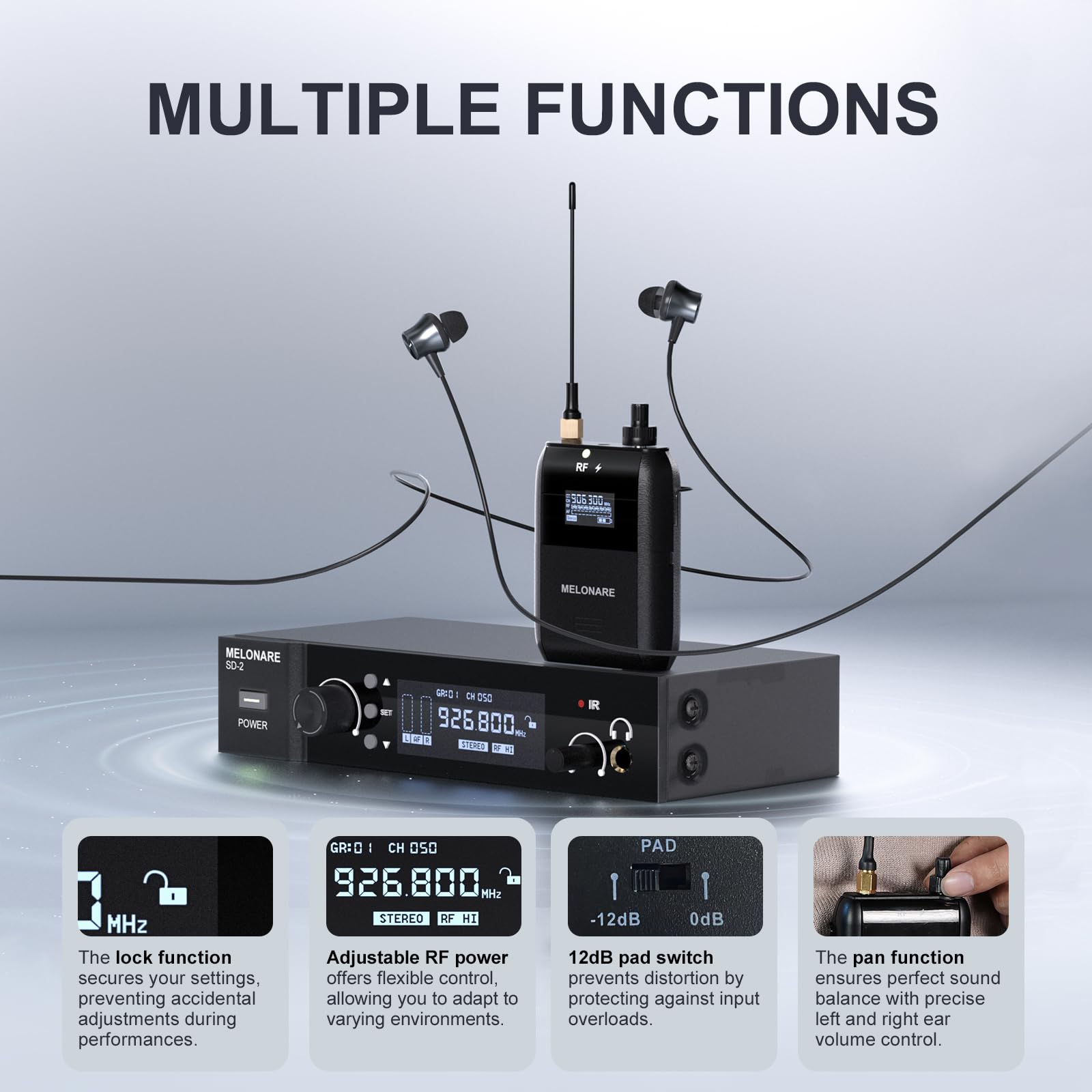 MELONARE Wireless IEM System Auto Scan Stereo SD-2-1R