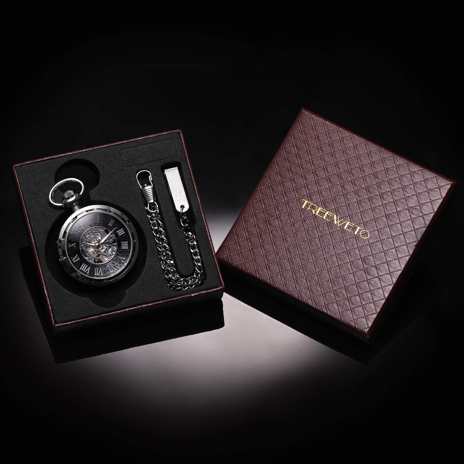 TREEWETO Taschenuhr mit Kette Herren Analog Mechanische Handaufzug Offenes Gesicht Skelett Bewegung