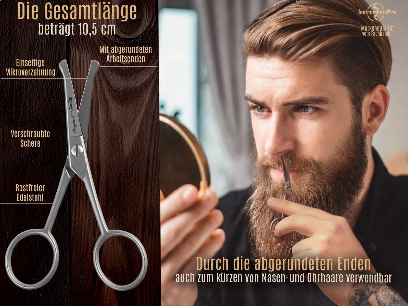 Bartschere aus Solingen mit gebogener Schnittfläche Haarschere Nasenhaarschere Made in Germany Schnurrbart Schere mit einseitiger Mikroverzahnung aus Rostfreiem Edelstahl für die perfekte Bartpflege