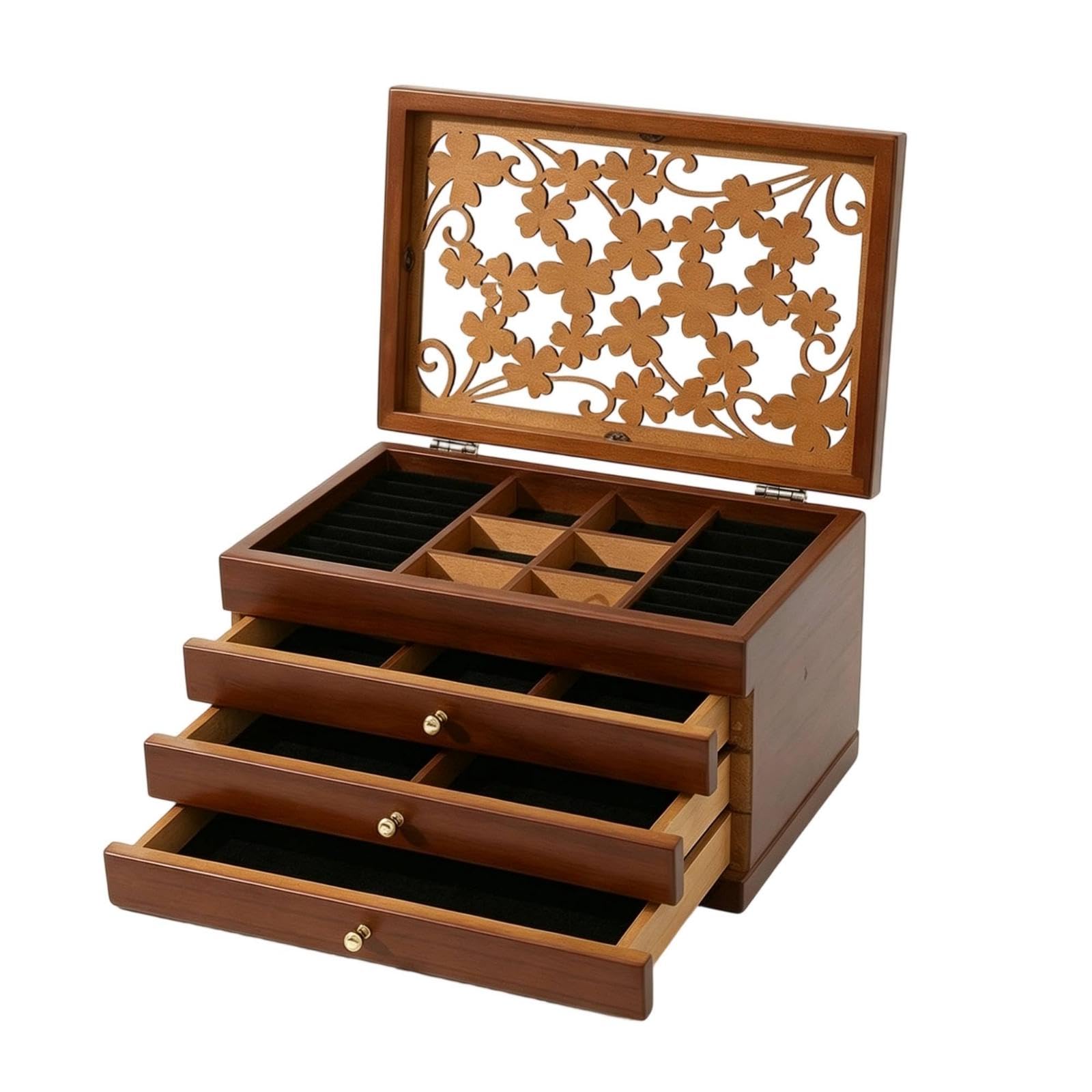 Wooden Jewelry Box Handcrafted-Style Jewelry Organizer with Drawers Compact Desktop Organizer with Drawers for Women, Dresser, Vanity, Bedside Table Clover No Mirror-image-47