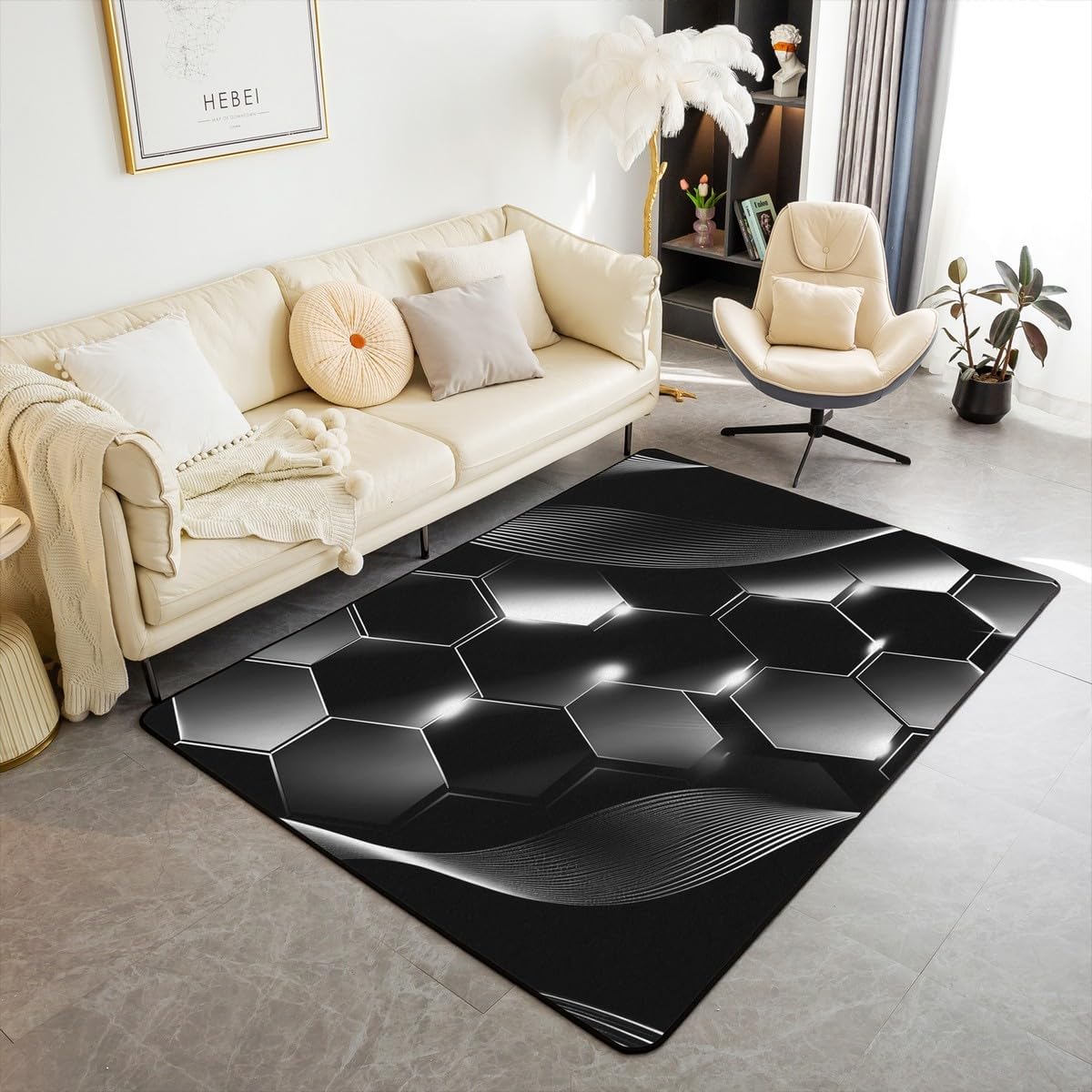 Erosebridal Royal Blue Black Honeycomb Living Room Rugs 5x7,Neon Lights Hexagon Area Rug for Bedroom,Striped Curve Lines Carpet Non Slip,Ombre Glowing Stripes Decorative Washable Rug