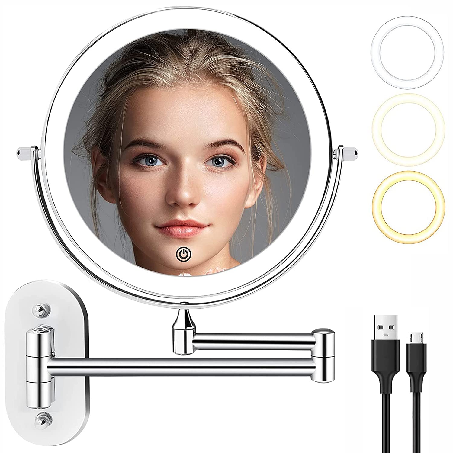 Angju Rechargeable LED Wall Magnifying Mirror, Wall Mounted 8'' Makeup Mirror with 3 Color Lights and 1X 10X Magnification, 360° Swivel Extendable Shaving Light up Mirror