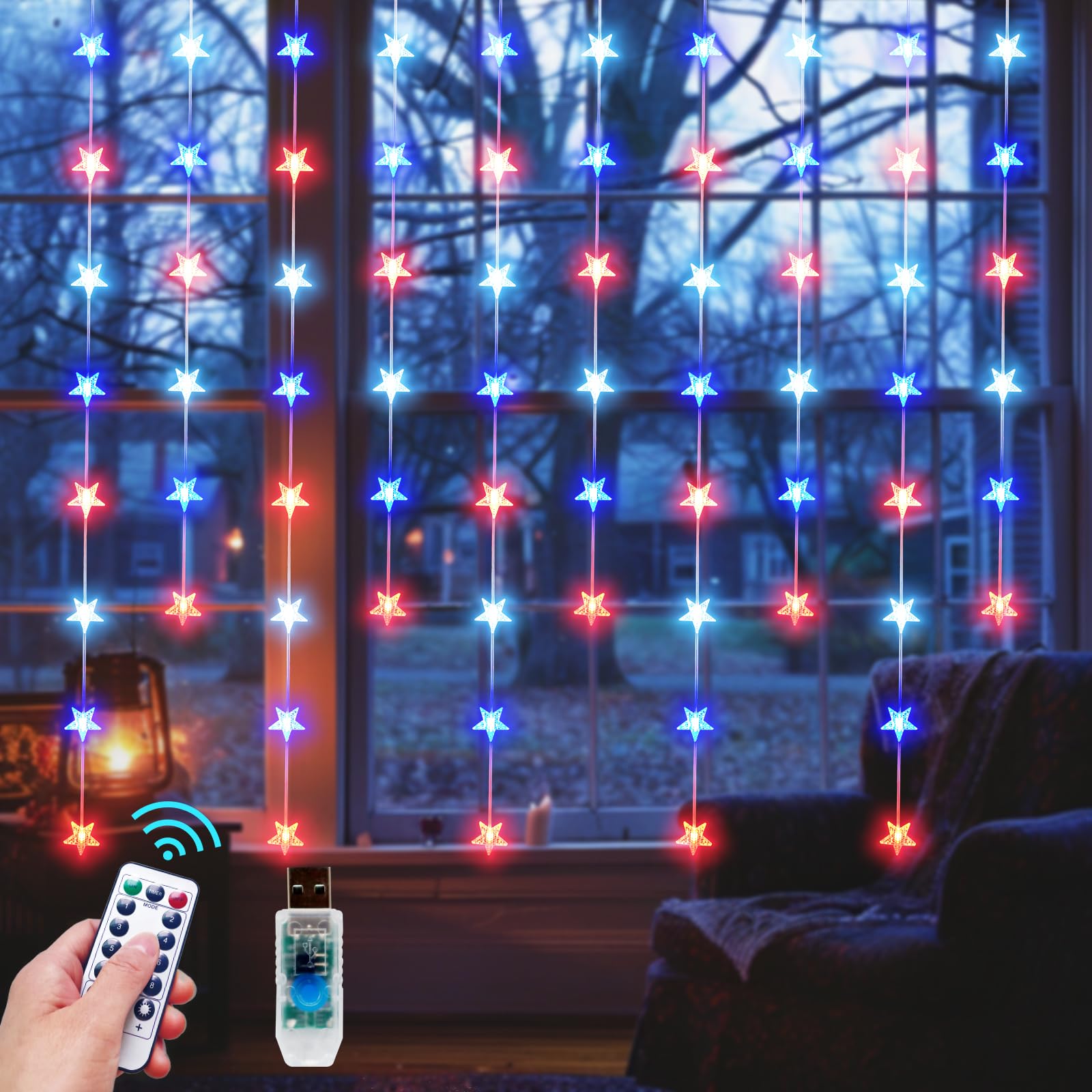 Star Curtain Lights Hanging Star Lights for Window 70 Stars String Lights USB Plug in 8 Modes Twinkle Fairy Lights for Independence Day Memorial Day Flag Day Fourth of July Decor (Red White Blue)