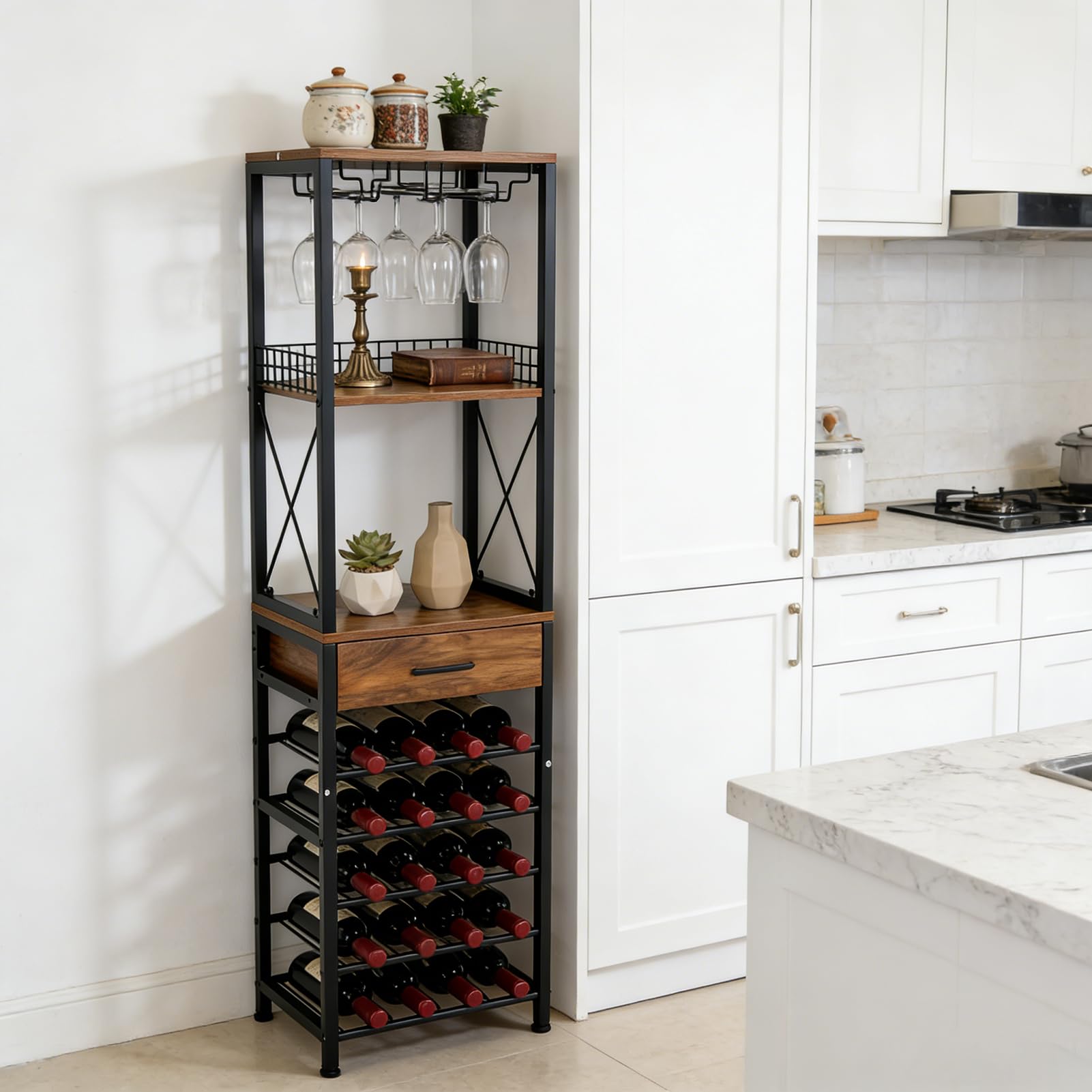 Warmiehomy Wine Racks Free Standing Indoor Home Bar Wine Storage Shelf for Living Room Bedroom Kitchen Dining Room Office Bistro Pub with 20 Wine Bottle Holder, 3 Rows Wine Glass Rack, Wooden Drawer