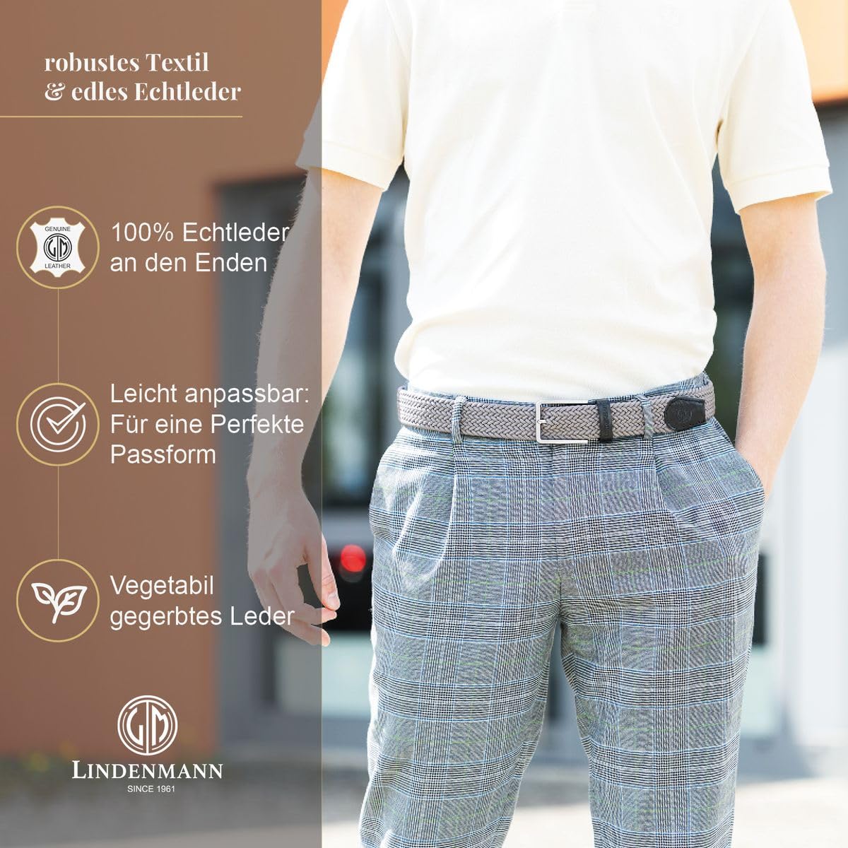 LINDENMANN Męski pasek ze stretchu, pleciony pasek tekstylny do golfa, szary