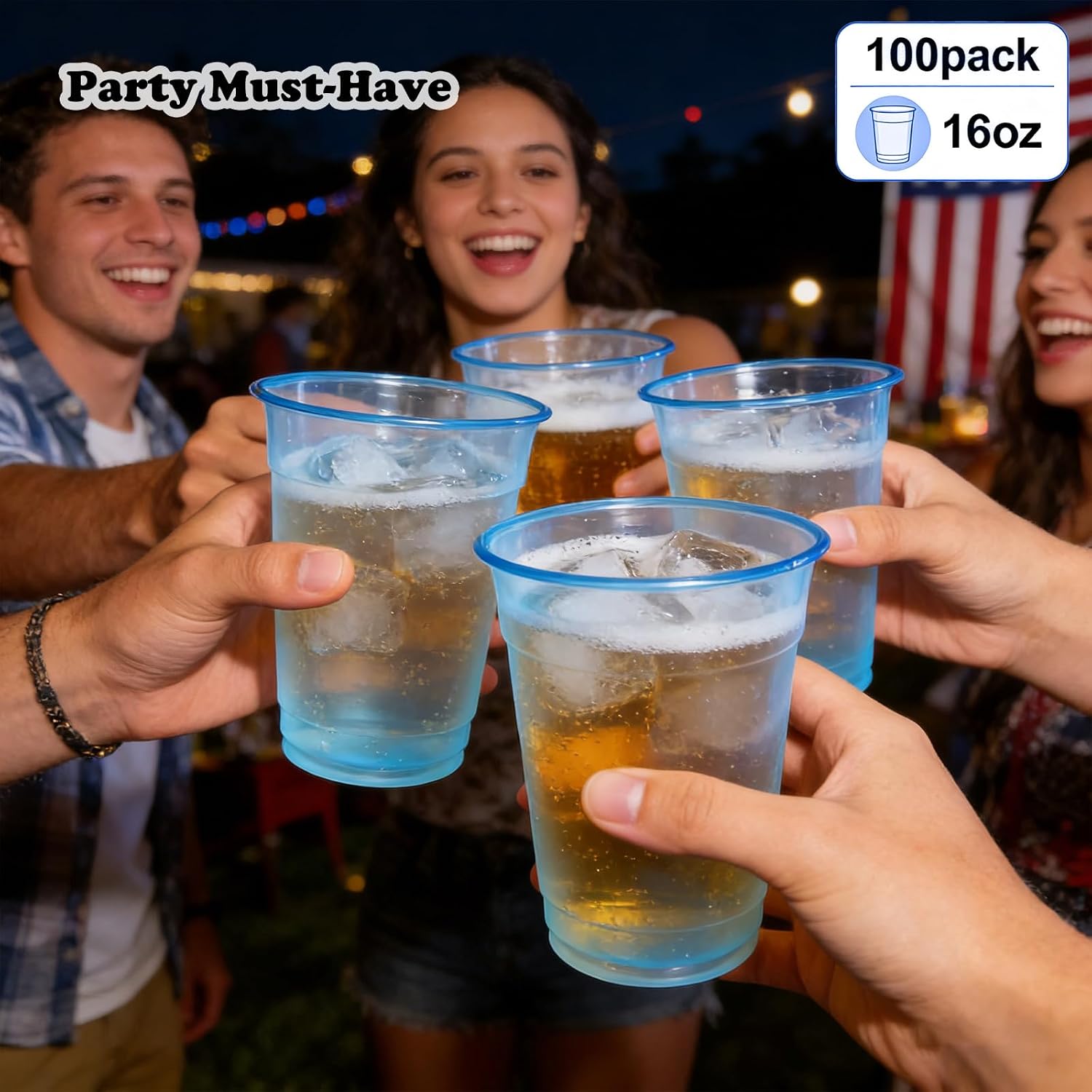 100 Pack 16 oz Blue Plastic Cups, Blue Party Cups - Clear Disposable Wine Glasses for Fathers Day, 4th of July, Birthdays, Picnics, Carnivals & Party Events