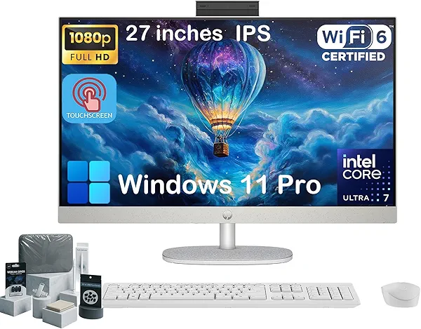 HP 27" Touch Screen All-in-One Desktop Computer PC - 64GB DDR5 RAM, 2TB SSD, Intel 12-Core Ultra 7 155U, Adjustable Angle, FHD IPS Touchscreen, 1080p Camera, Wireless KB&Mouse, Win11 Pro, Accessories
