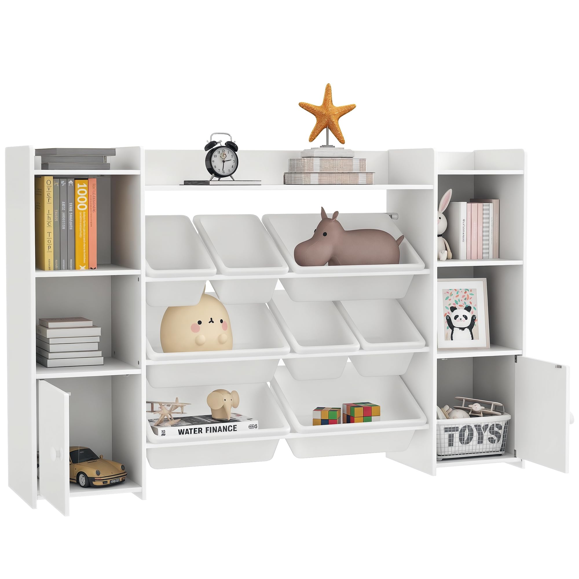 AIYAPLAY Kinderregal mit 8 herausnehmbaren Boxen, 4 offenen Fächern und 2 Schränken – Weiß, 140 × 30 × 90 cm
