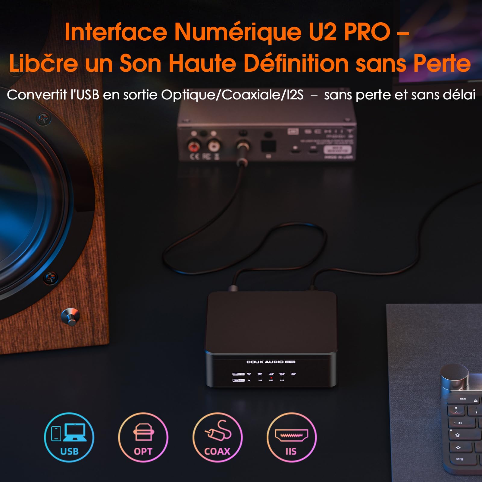 Interface Numérique USB Douk Audio U2 PRO XMOS XU316 (DDC), USB-C vers optique/coaxial/HDMI-IIS, DSD512/PCM768 kHz, Convertisseur Audio Numérique-Analogique portable pour DAC/PS5/Amplificateur