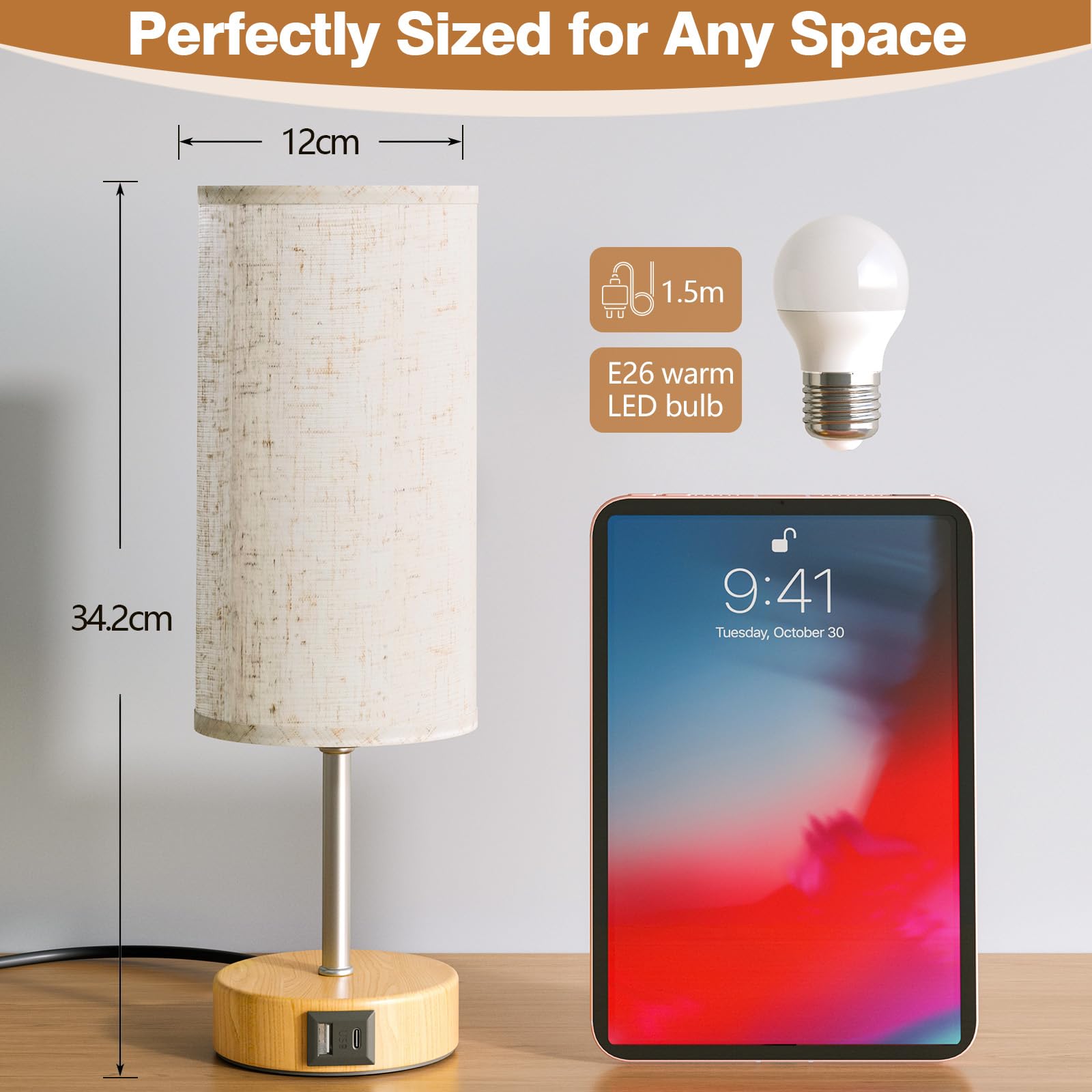 Nachttischlampe 2er Set, Tischlampe mit USB-A und USB-C Ladefunktion, Schreibtischlampe, Leselampe, Dekolampe, Touchdimmbar, 3 Stufen Warmlicht, Leinen-Lampenschirm, 1,5m Kabel(E27-Lampe inkl)