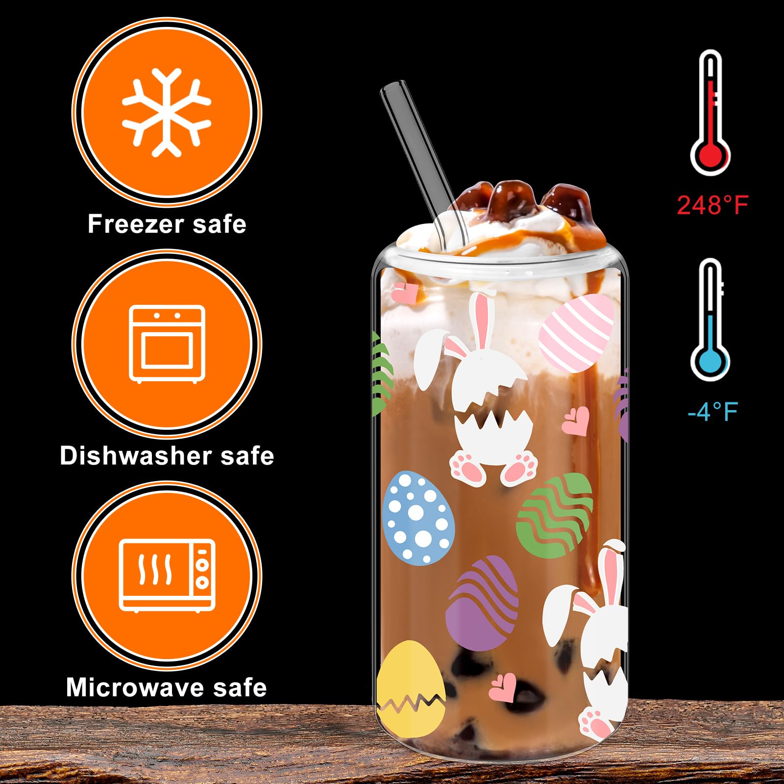 Maxcheck 6 Pcs 16 Oz Drinking Glass Beer Can Shaped Glass Cup Set Glass Gift for Her Tumbler with Bamboo Lids Glass Straw and Cleaning Brushes for Cocktails Whiskey Beer Soda (Easter)