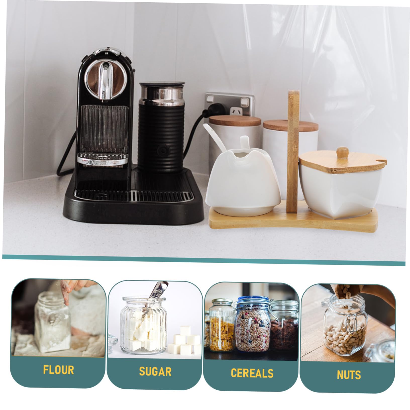 Amosfun Azucarero y Jarra De Crema De Cerámica con Bandeja y Cuchara De Bambú Conjunto para Hogar y Hotel Diseño Simple Material Cerámico Premium para Té