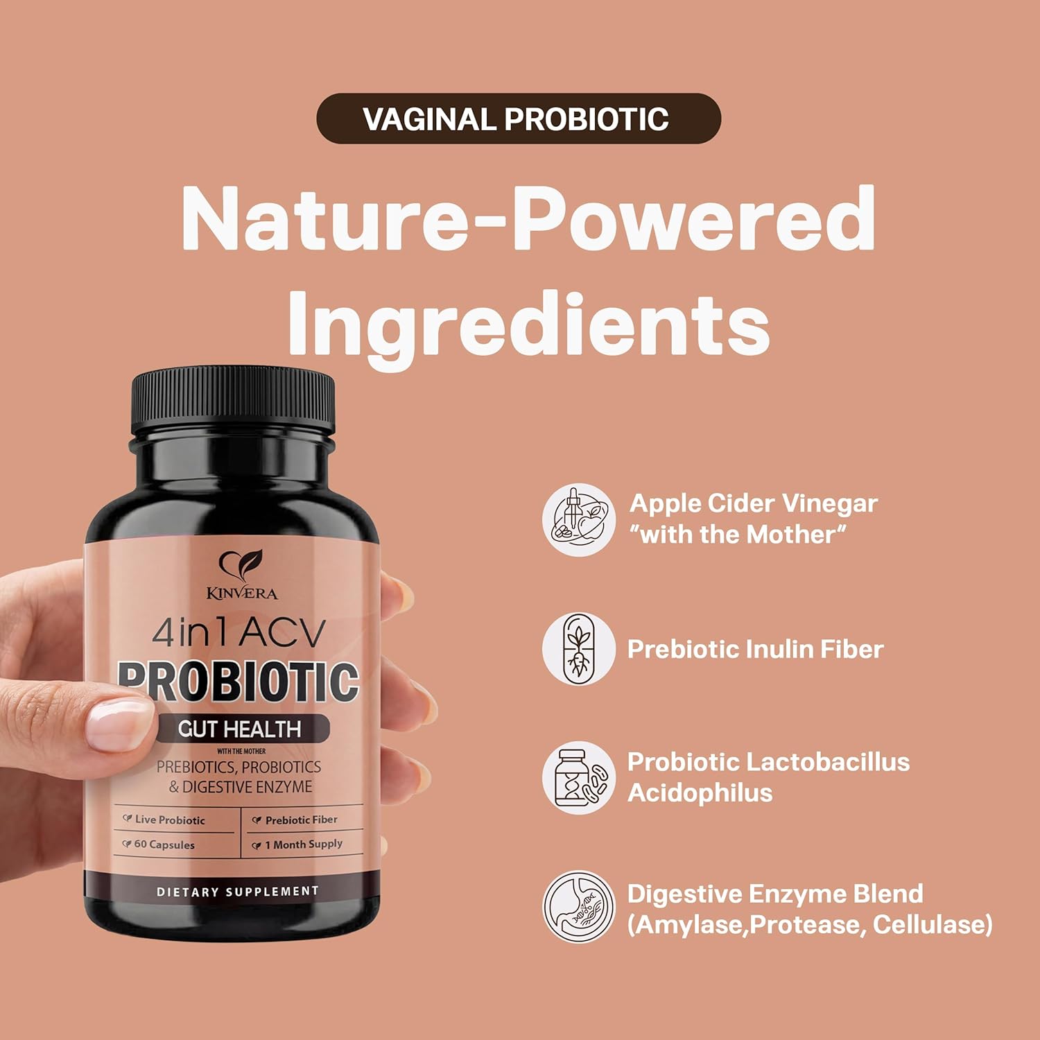 4-in-1 ACV Gut Formula – Apple Cider Vinegar, Prebiotics & Probiotics, Digestive Enzymes – Immune & Complete Digestion – 60 Veggie Capsules - Image 4