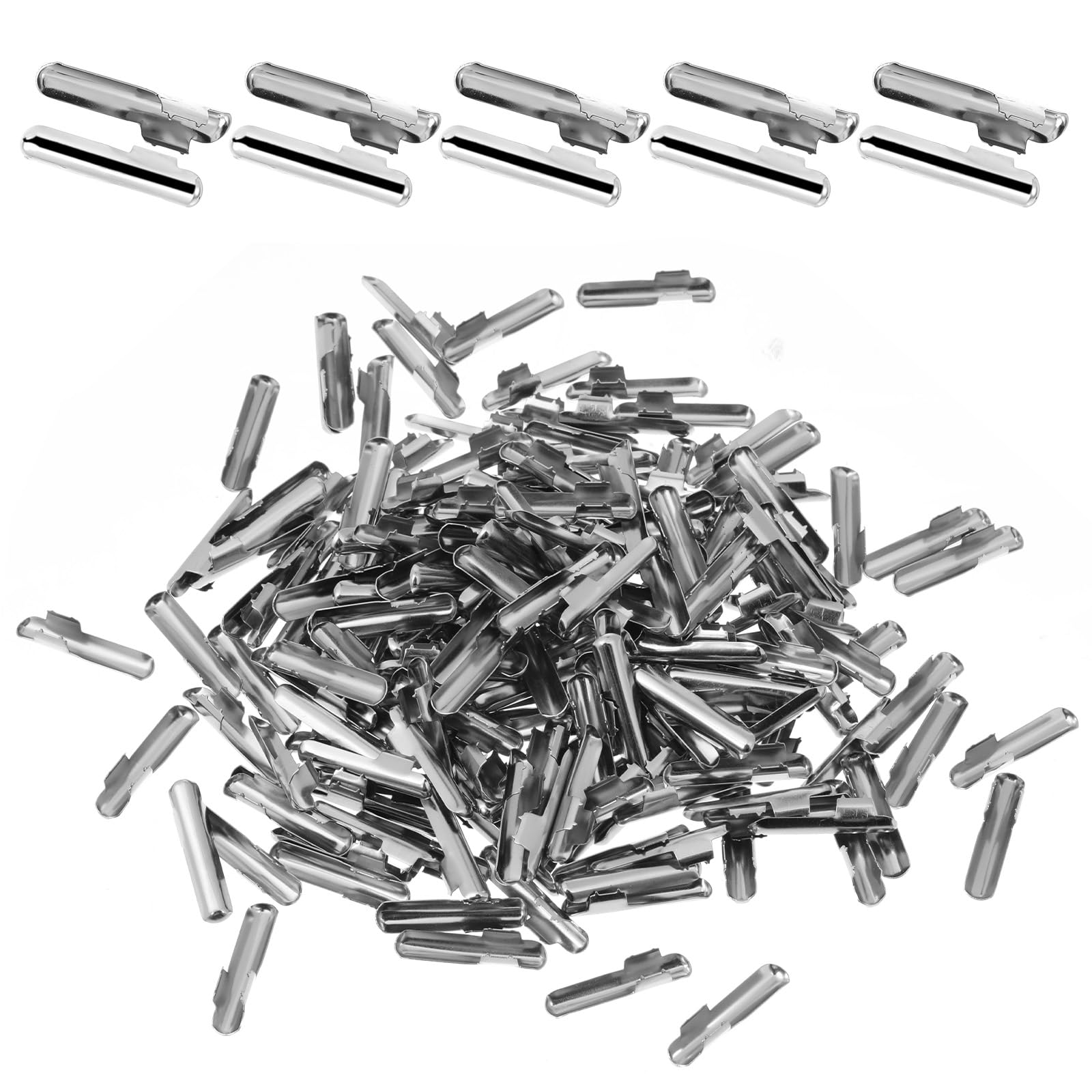 100 Pcs Stainless Steel Elastic Cord Barbed Ends, Metal Crimp End Caps Half Cover Fastener Clips for Hoodie, Hat, Book Binding and DIY Crafts (Silver, 5x25mm)