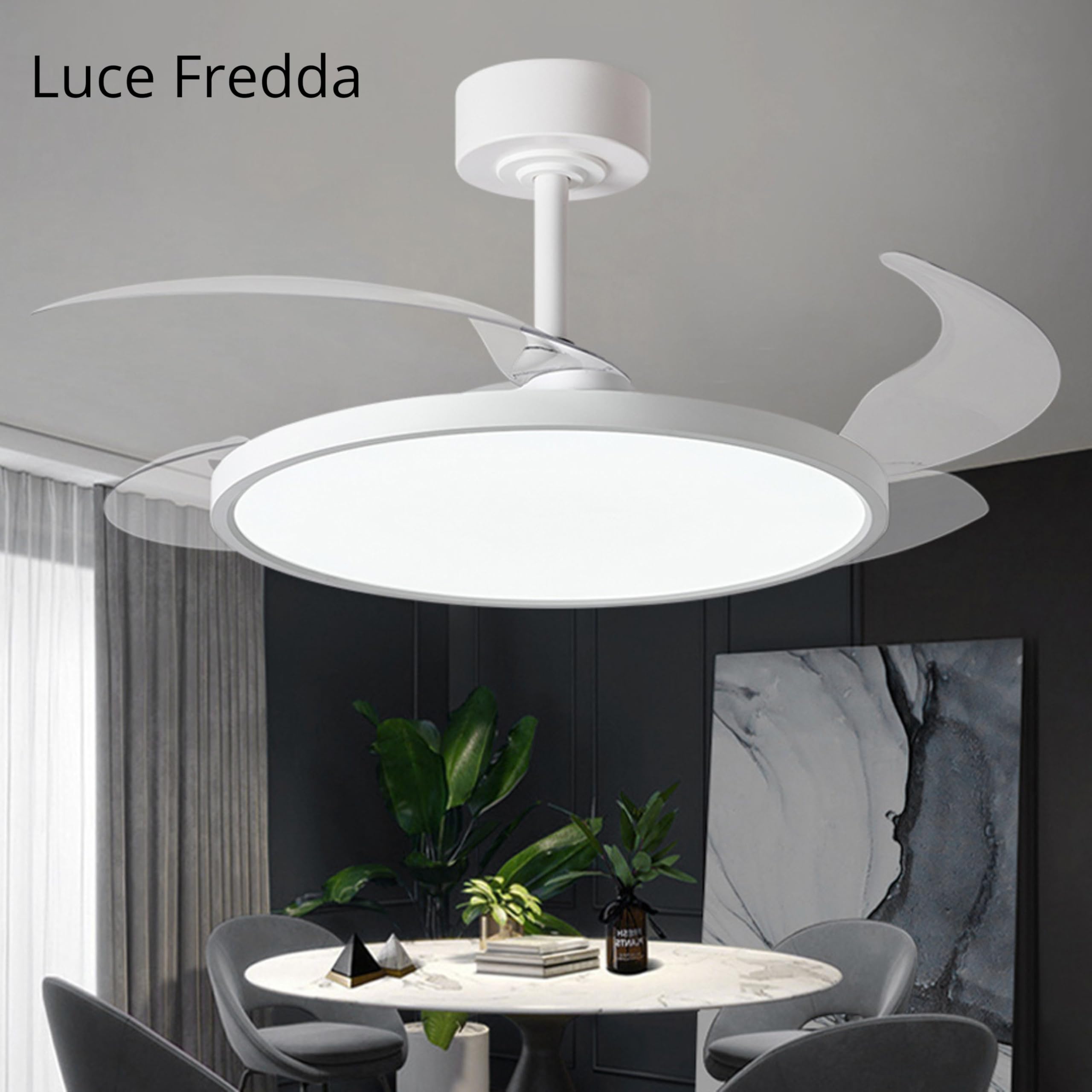 YASTA Lampadario con Ventilatore Da Soffitto Luce Con Pale Retrattili 80W | Pale a Scomparsa,Silenzioso ,Ultra Slim,Plafoniera LED 50 cm,Luce Fredda Calda Naturale