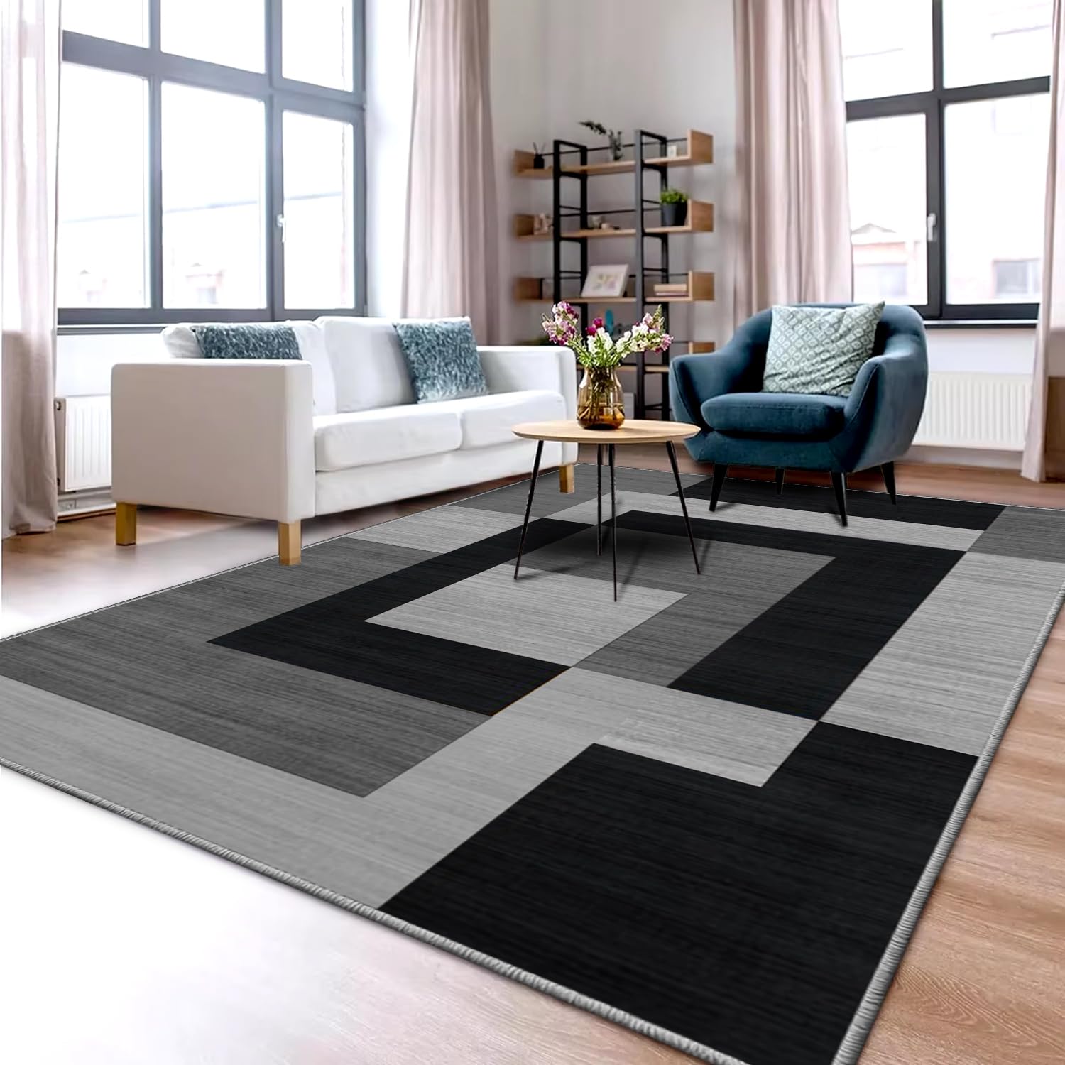 Aspire Homeware Rugs Living room 120 x 170 Anti Slip Geometric Style Bedroom Rug – Soft Easy to Clean Carpets Nursery Room– Non-Shedding Large Black and Grey Area Rugs (Milo Black & Grey)