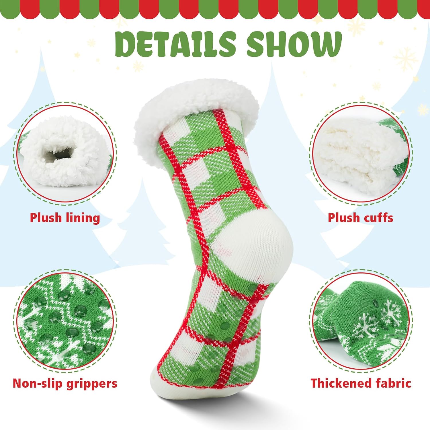 Bonuci 4 Pair Fuzzy Christmas Socks for Women Non Slip Xmas Slipper Socks with Grippers Thick Holiday Gifts Xmas Party Favor