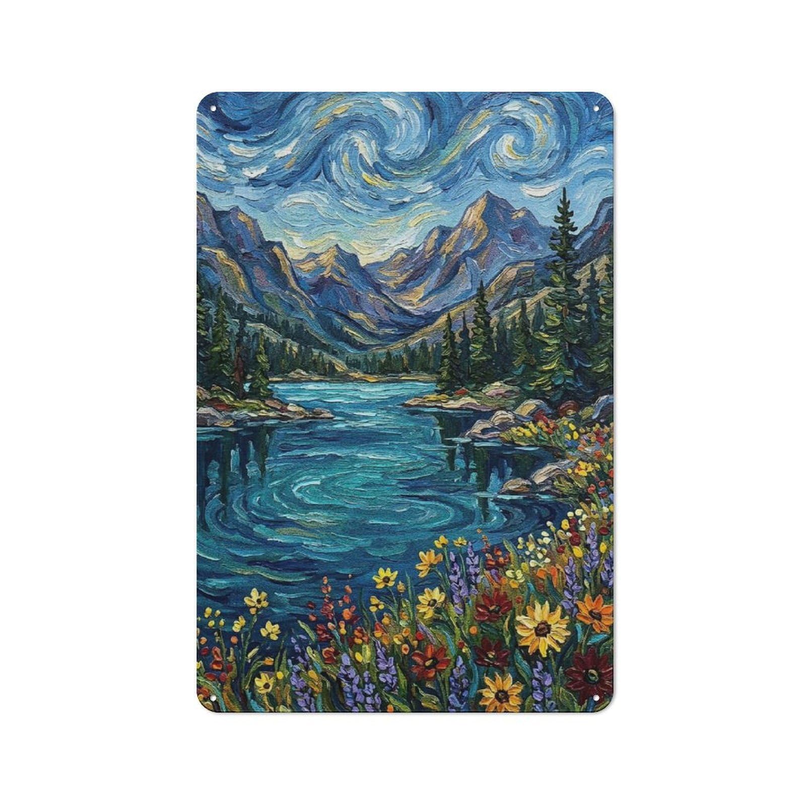 Junmoney Style-3 Rustic Mountain Lake Impressionist Painting Rustic Tin Sign 30X20cm, Porch Wall Decor For Greenhouse, Garden Room, Cafe Or Entryway