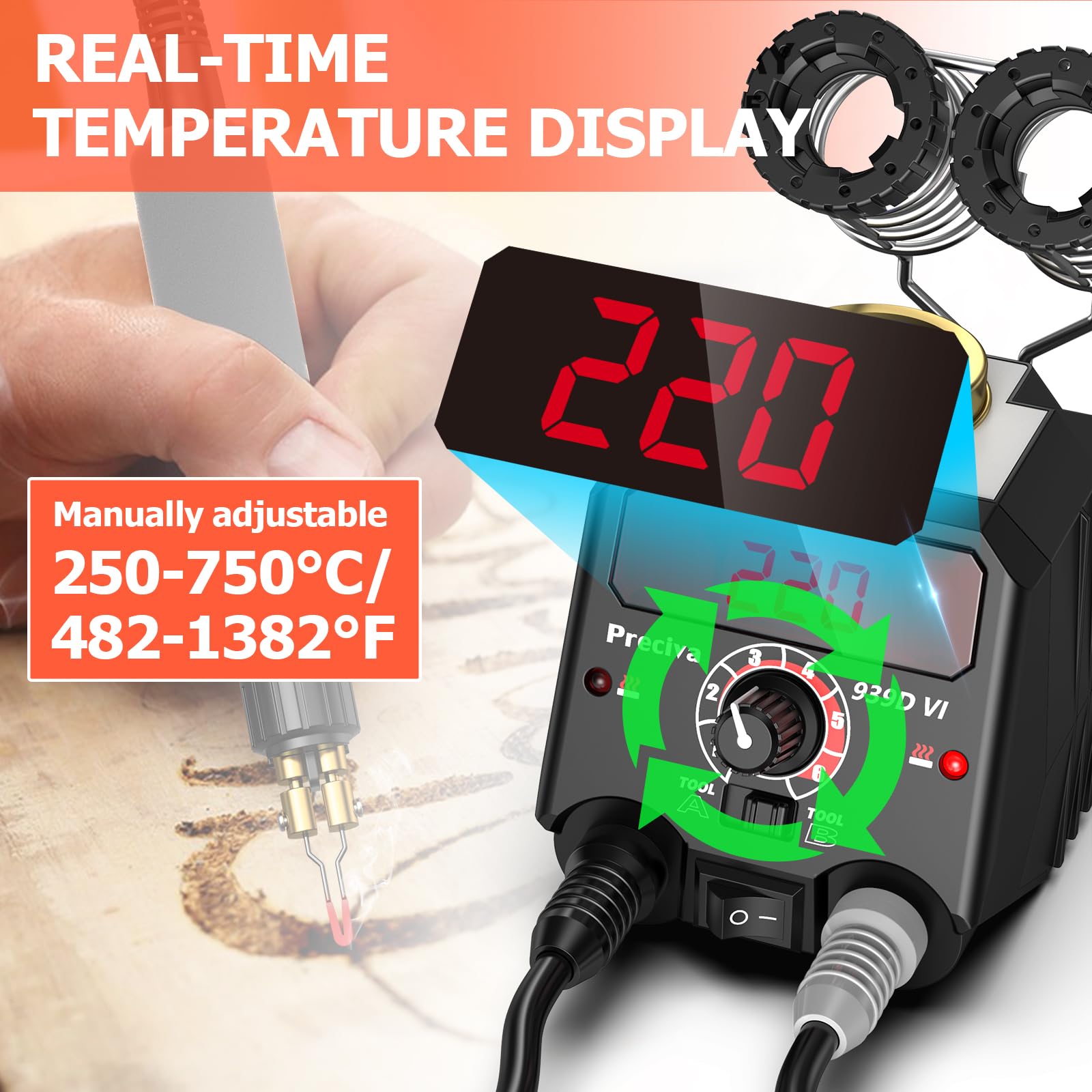 Pirografo per Legno, Saldatore Elettrico Preciva 939D VI", intervallo di temperatura da 250℃ a 750℃, 20 tipi di punte multiforma, impugnatura ergonomica, adatto per Pirografia, Saldatura, Fai-da-te