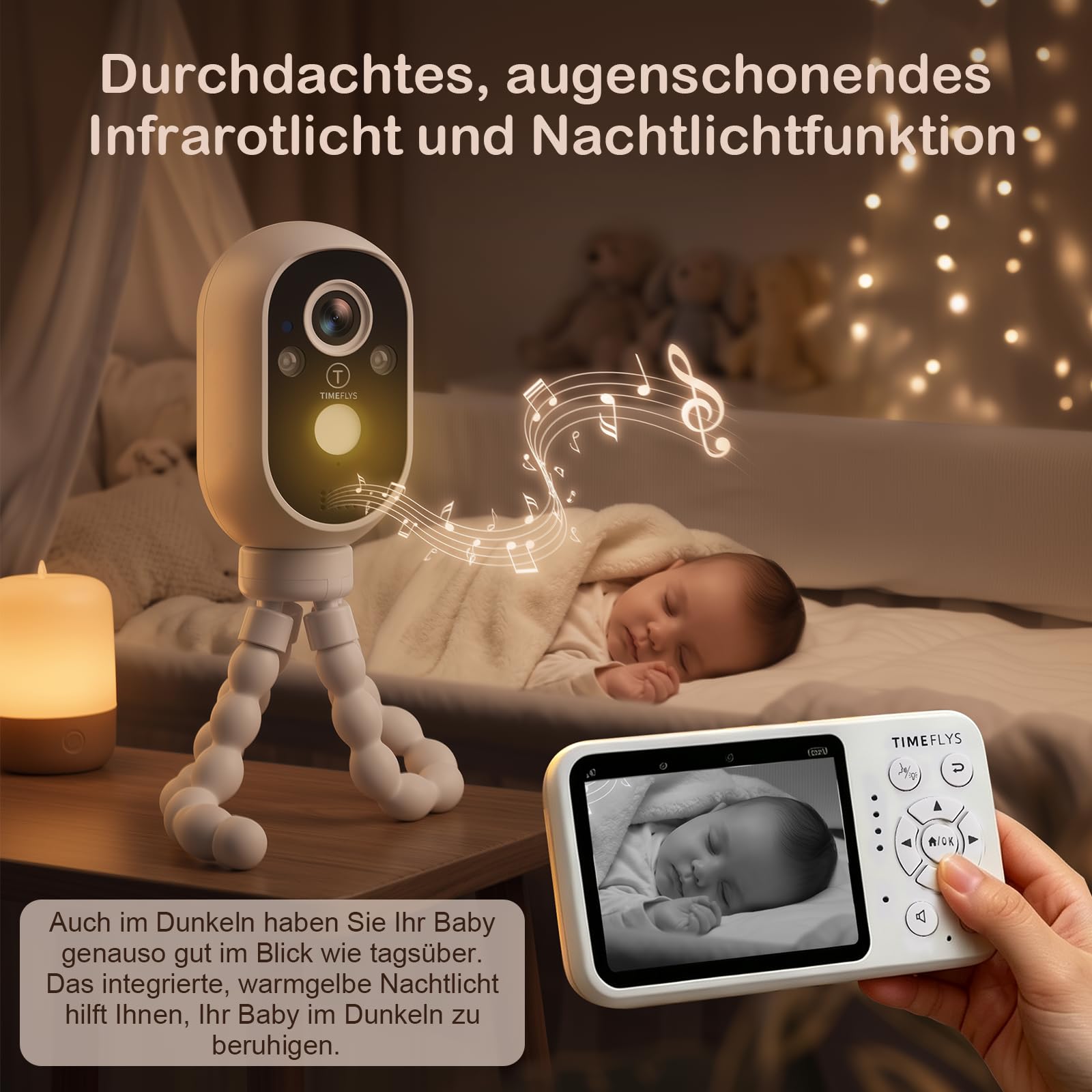 TimeFlys Vigilabebés con cámara, batería incorporada, visión nocturna, audio de 2 vías, 8 canciones de cuna, zoom 2x, alarma Vox, 8 canciones de cuna, soporte de pulpo, no requiere wifi