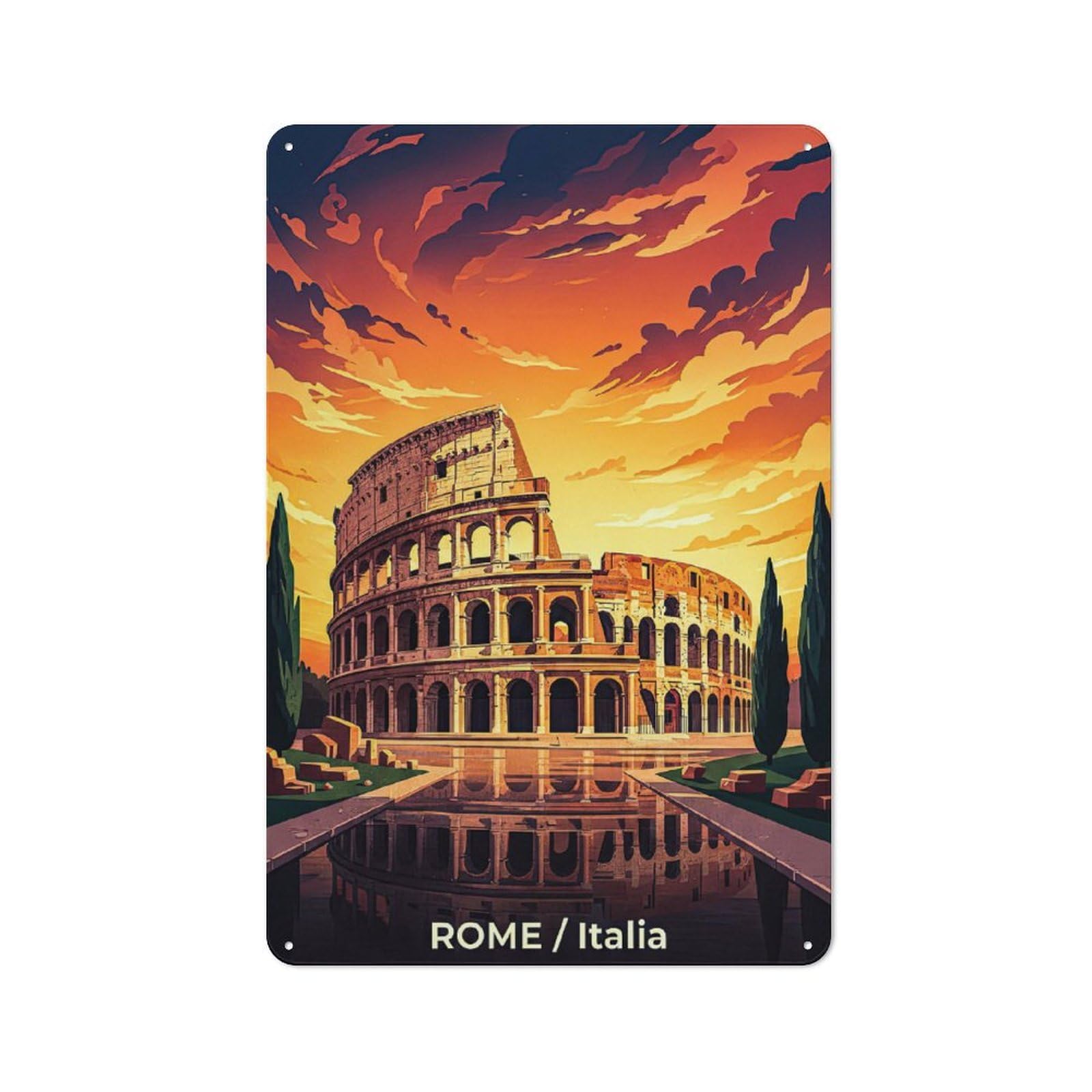 Junmoney Style-13 Colosseum At Sunset Shop Front Style Metal Wall Decor 30X20cm, Bistro Metal Sign For Takeaway, Bar, Kitchen Or Counter Area