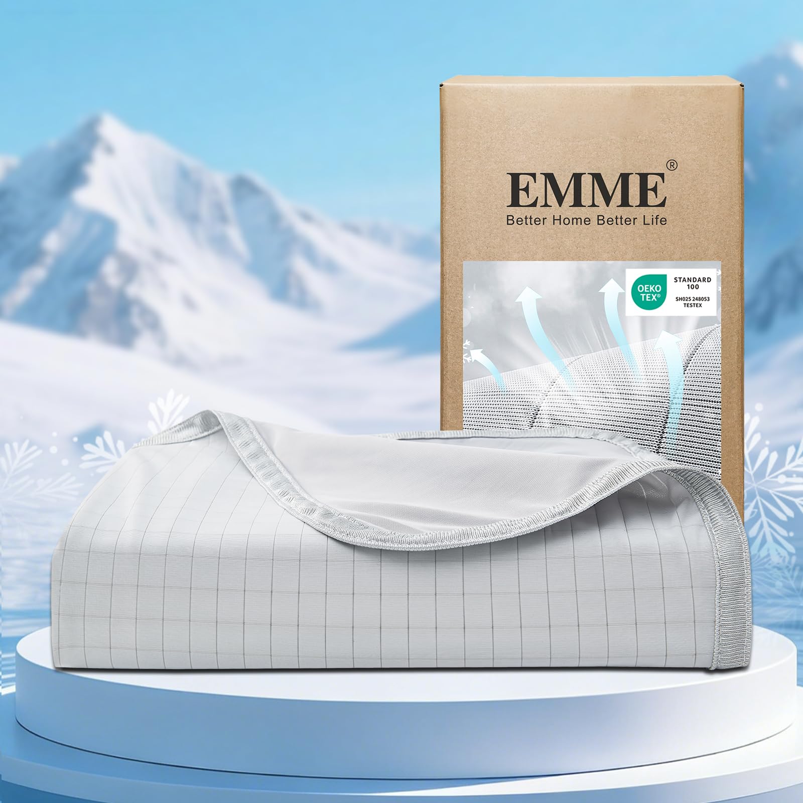 EMME Kühldecke 228x228 cm für 2 Personen, Extra große Sommerbettdecke Bett mit 5X Belüftung Arc-Chill 3.0 Grid-Airy Q-Max>0.45, Tagesdecken Feuchtigkeitsableitend & Nachts Kühl, Karo-Hellgrau