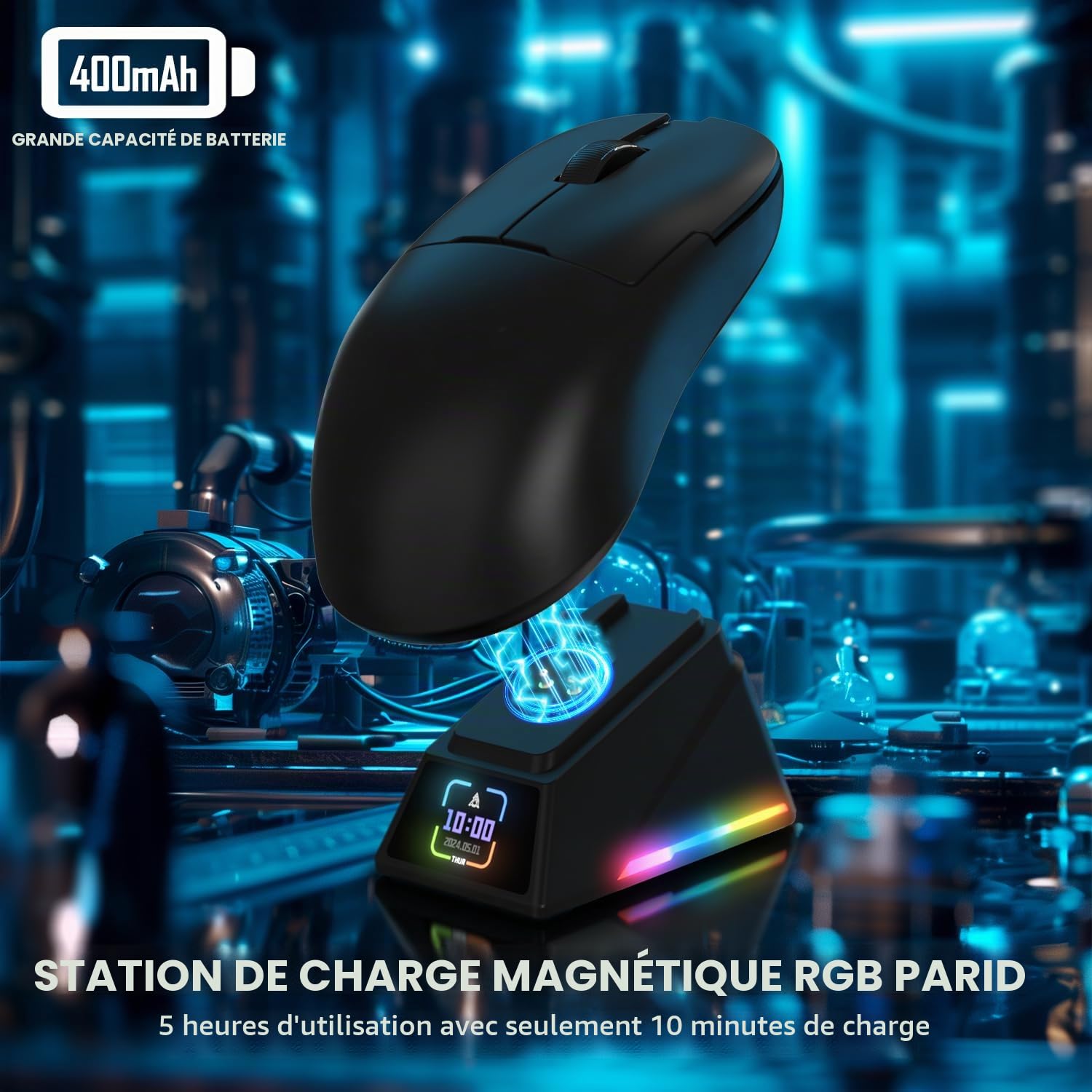 AJAZZ AJ159 APEX 8K Souris de Jeu Sans Fil, Magnetic Charging Dock avec écran, Sensor Pixart PAW3950,Up to 42000DPI, 56g Ultralight, 100Millions Clics HUANO Switch,Souris Tri-mode, pour PC/MAC(Noir)