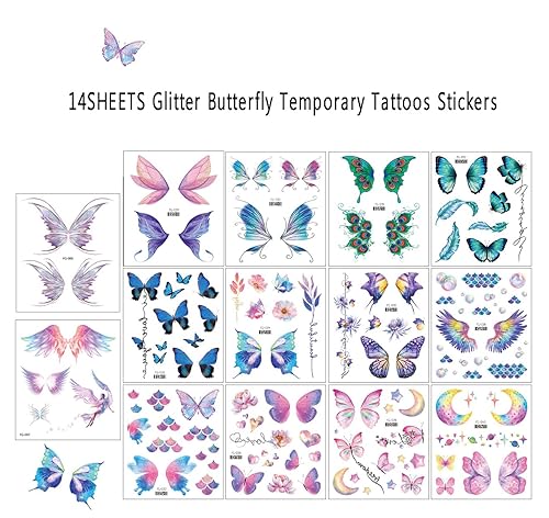 Miniatura 5 de 14 hojas de tatuajes temporales de mariposa con purpurina para mujeres y niñas, decoración de maquillaje de ojos, calcomanías de tatuaje, tatuajes