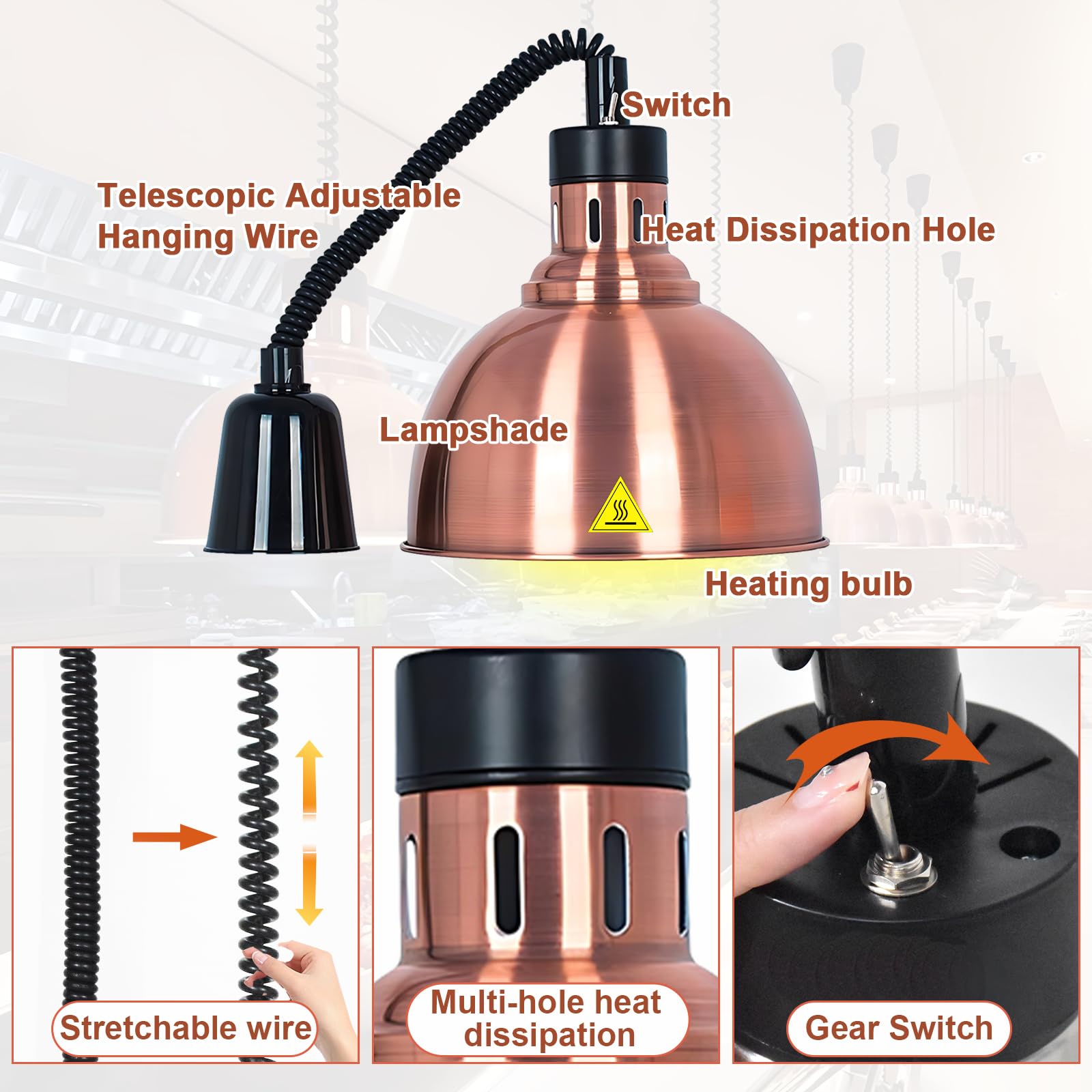 Lampade Riscaldanti Cucina, Lampada Riscaldante per Alimenti Regolabile, Sospeso Lampada Scaldavivande Ristorante, 250W Lampade Scaldavivande Cucina, Ristoranti, Hotel(B-25cm,3 Pezzi)