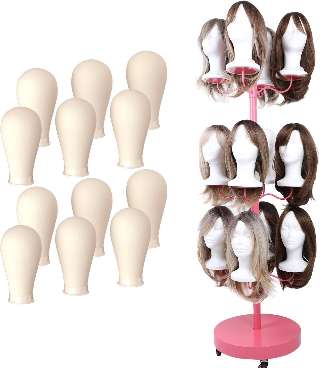 Wig Holder Head for 12-Heads Wig Stand Styling Storage, Multiple Wigs Display with 23in Mannequin Heads Tripod Metal Wig Organizer Storage Rack (Large Pink+12Pcs Wig Head) Large Pink+12Pcs Canvas Head