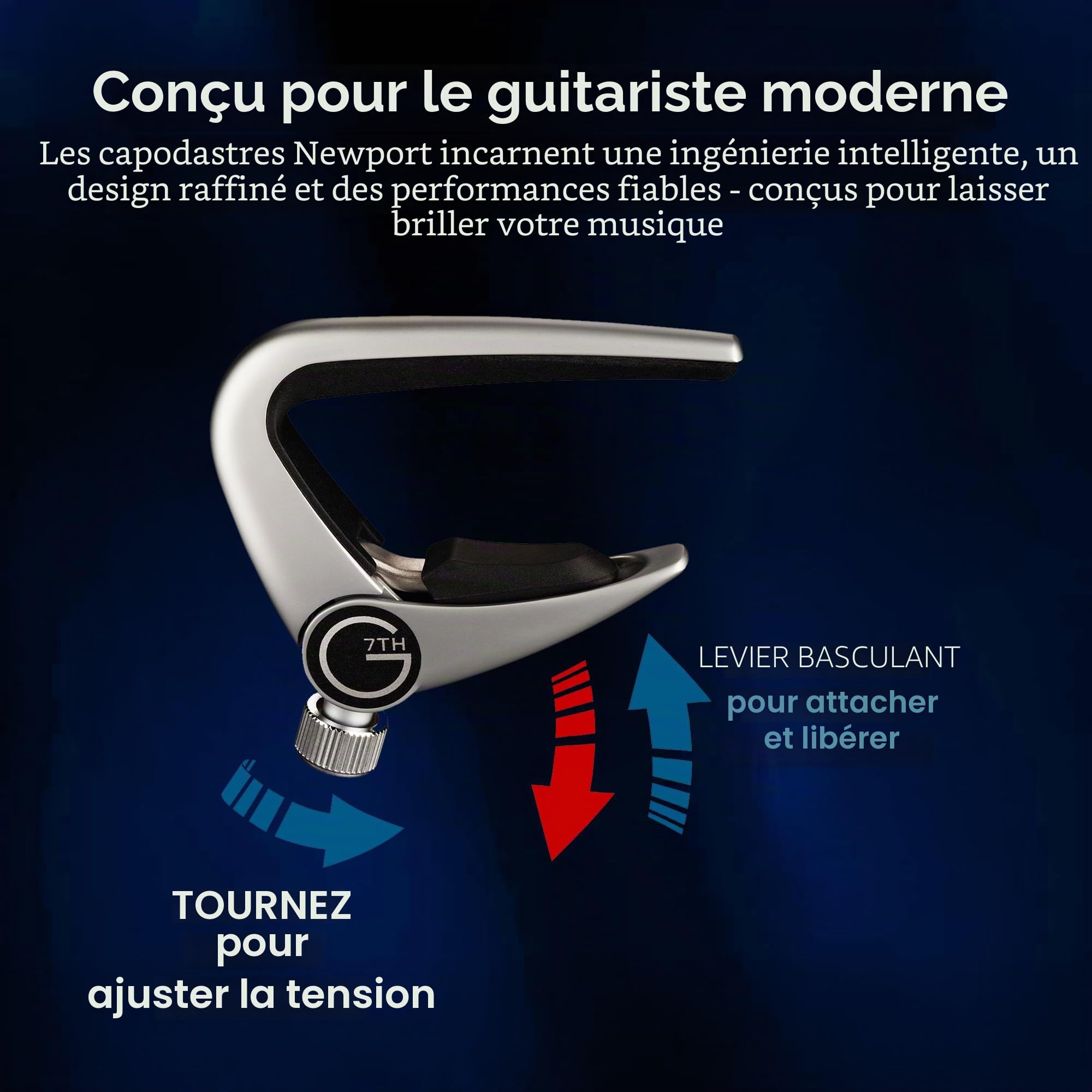 G7th Newport Capodastre Guitare 6 Cordes Argent - Léger Avec Contrôle de Tension Réglable - Le Capodastre Parfait Pour Guitare Acoustique et Guitare Électrique